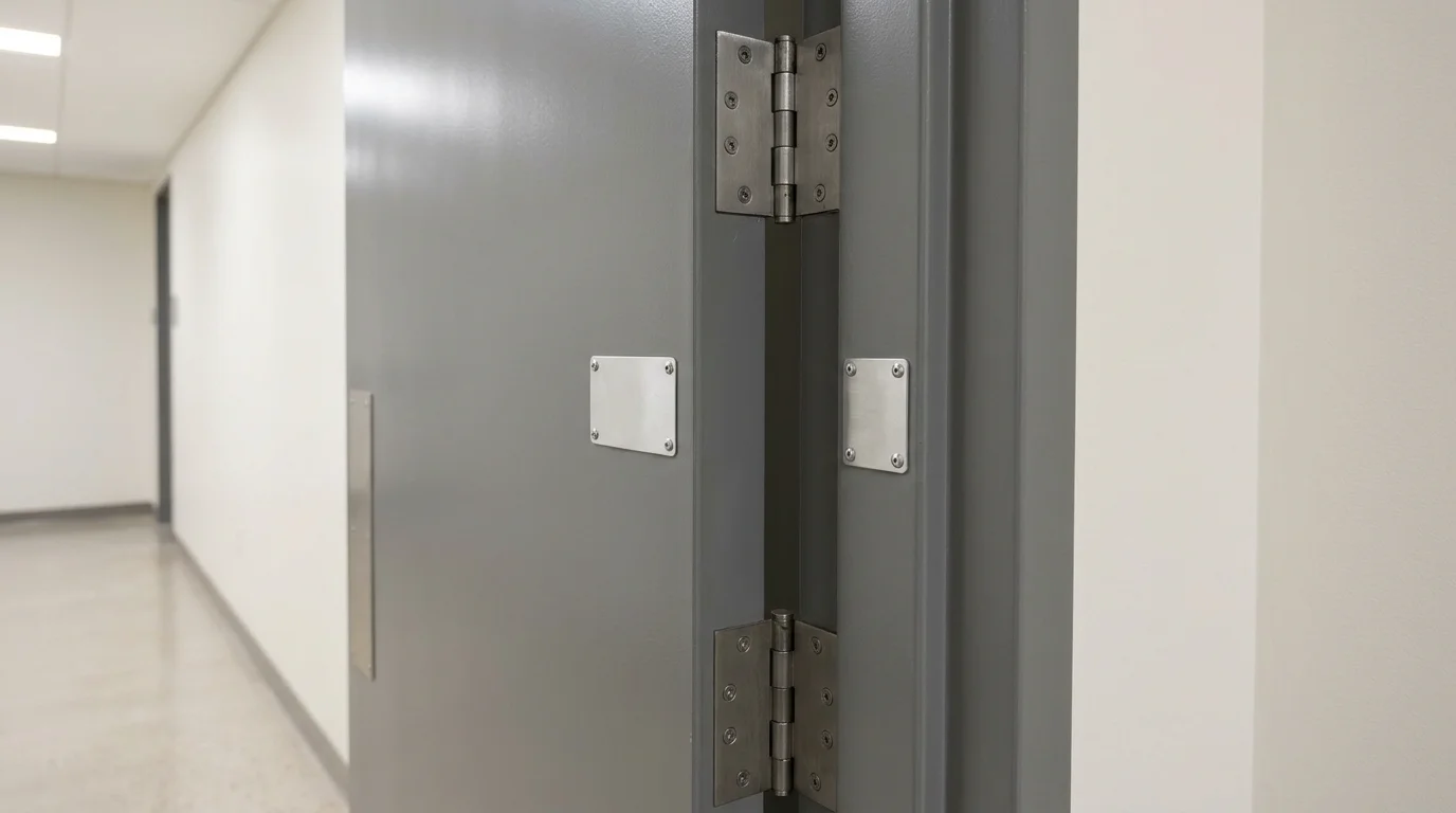 Fire door label riveted to the hinge edge of a steel fire door, with a matching label on the frame 