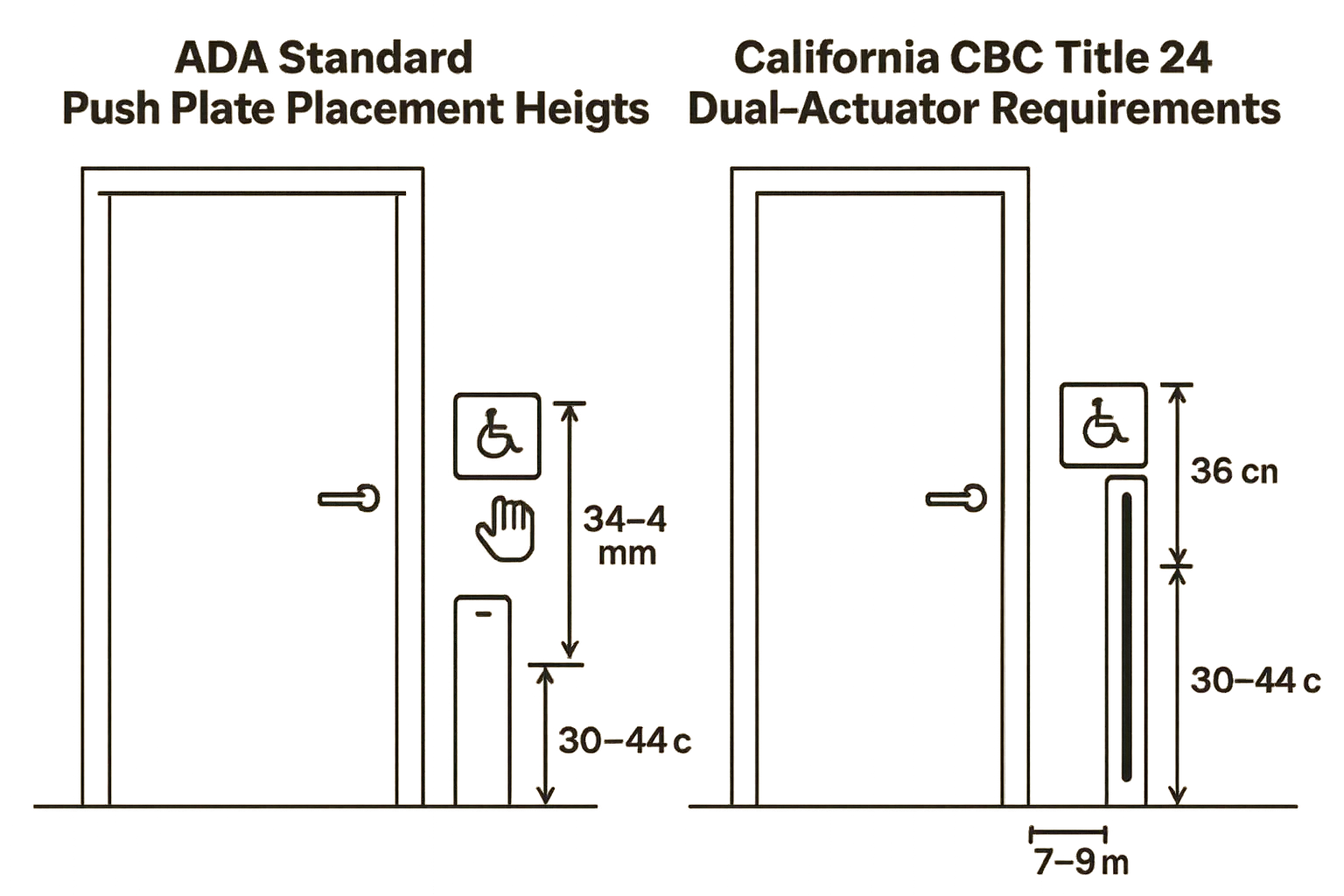 Standard vs California Title 24 push plate placement comparison