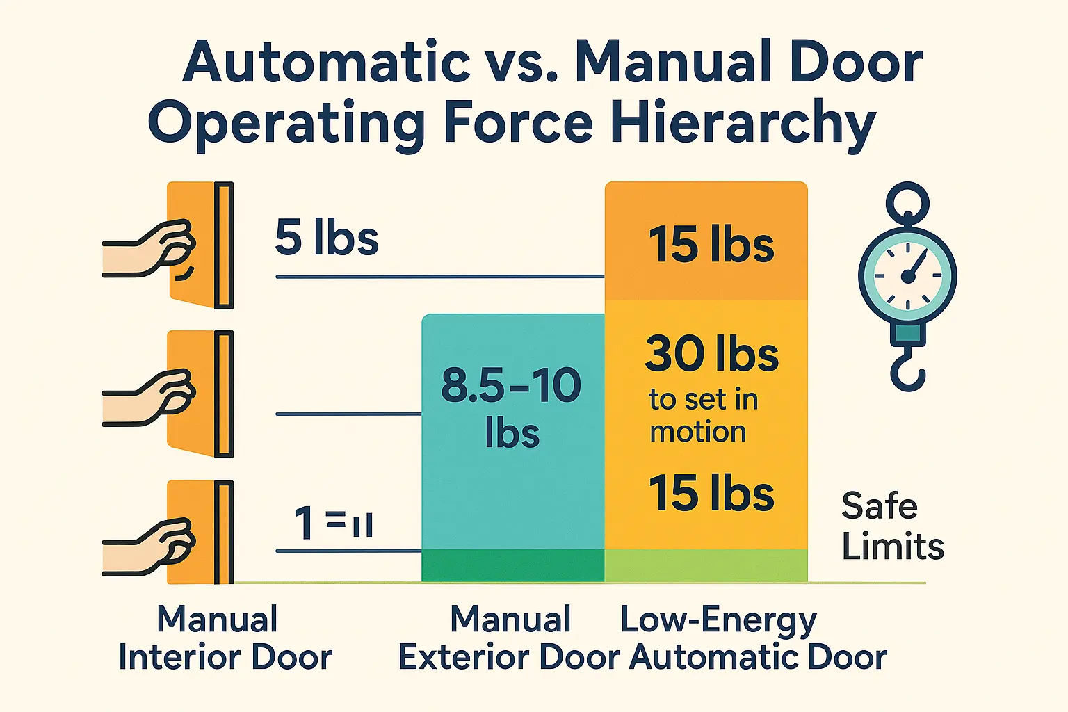 Visual hierarchy of door operating forces comparing low-energy and manual doors