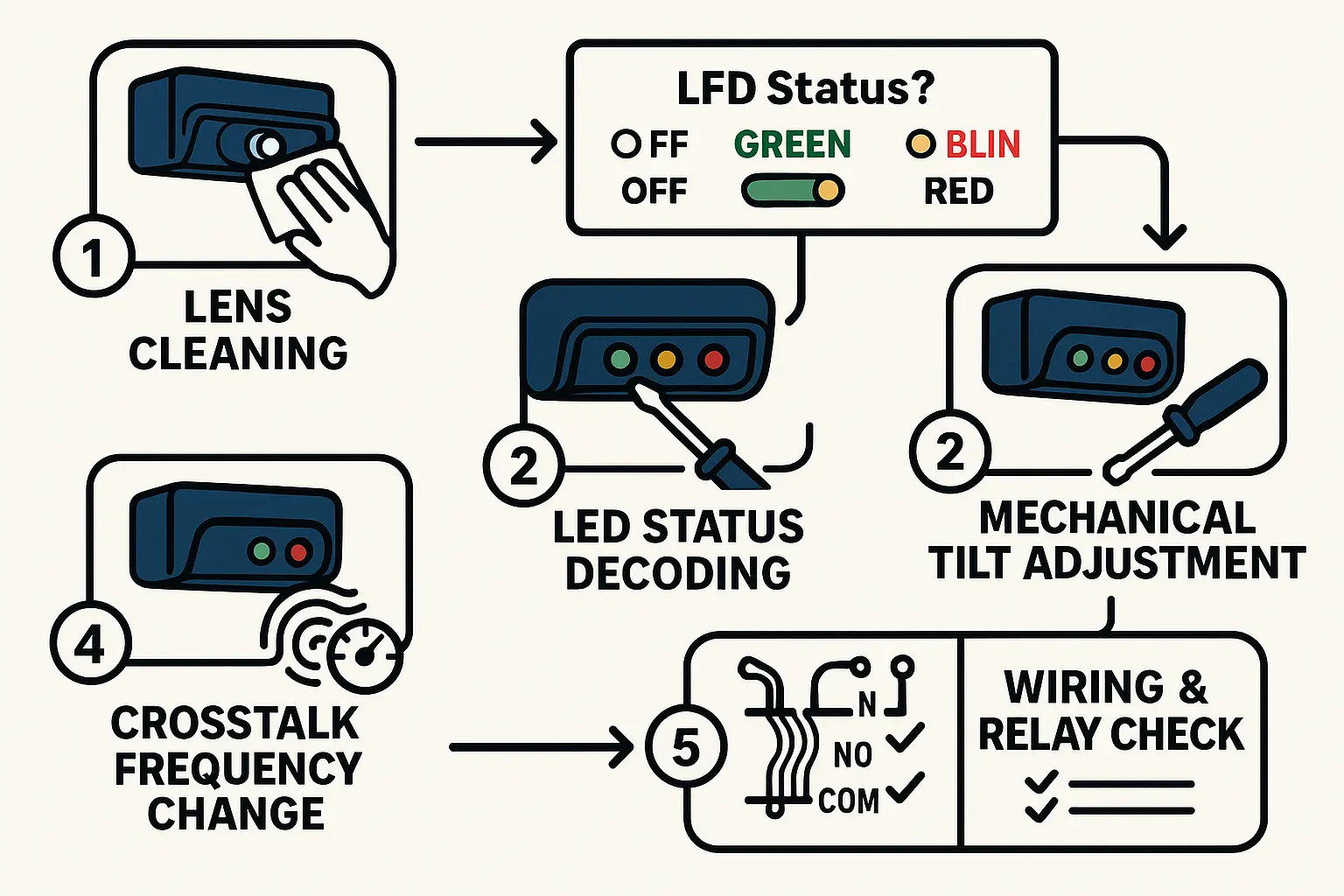 This flowchart guides facility managers through a straightforward 5-step diagnostic process to fix or troubleshoot automatic door presence sensors, boosting confidence and safety compliance.