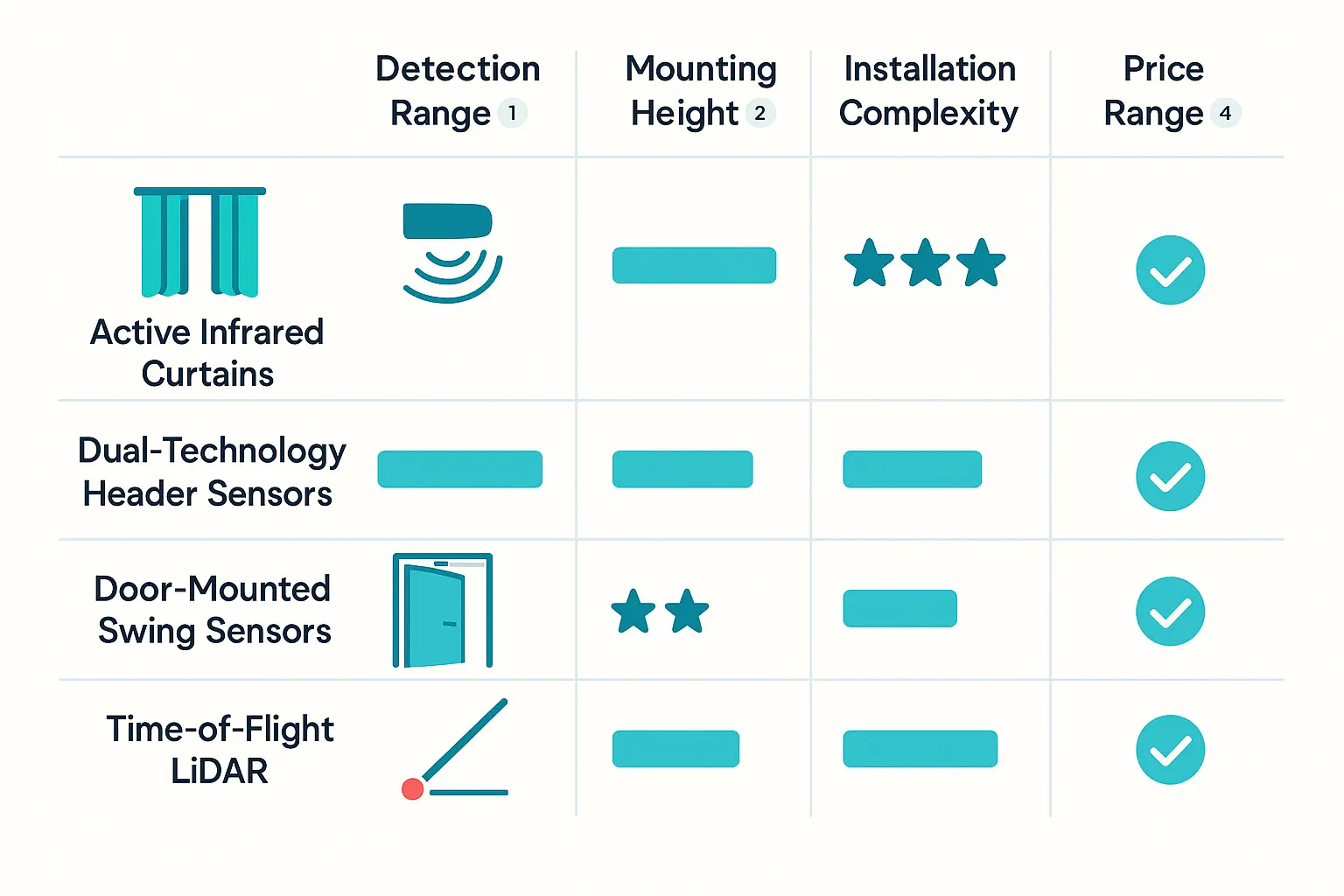 This comparison chart serves as a memorable visual anchor for facility managers evaluating commercial presence sensor options to retrofit automatic doors safely and compliantly.