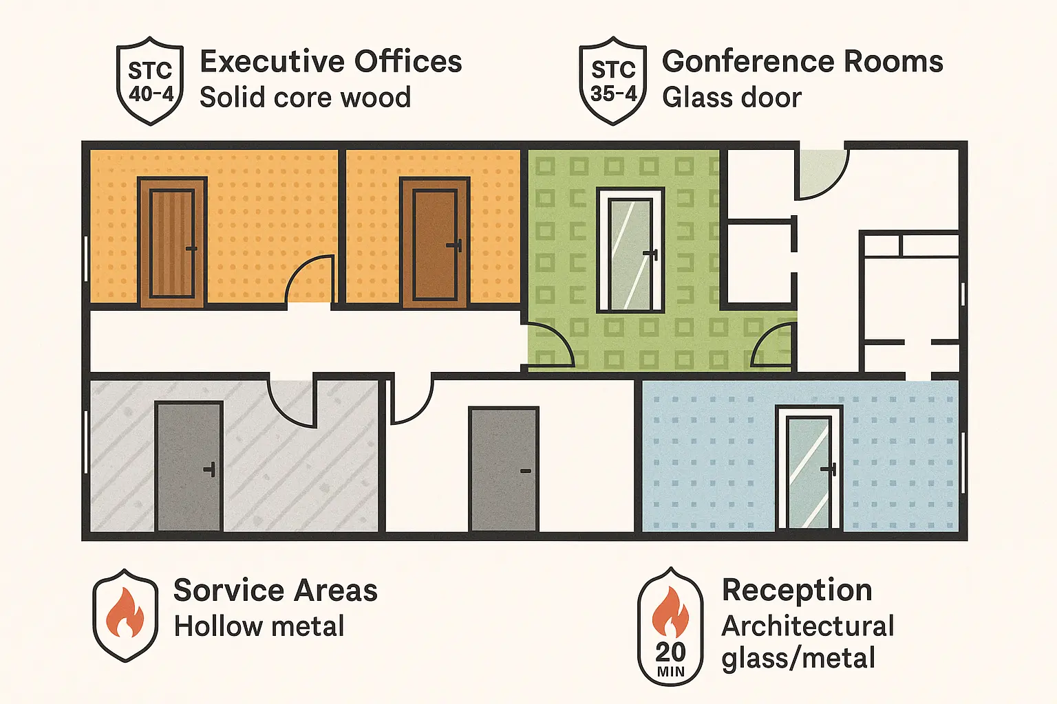 Quick-reference guide for office door compliance covering ADA accessibility standards and NFPA 80 fire rating classifications to ensure regulatory adherence.