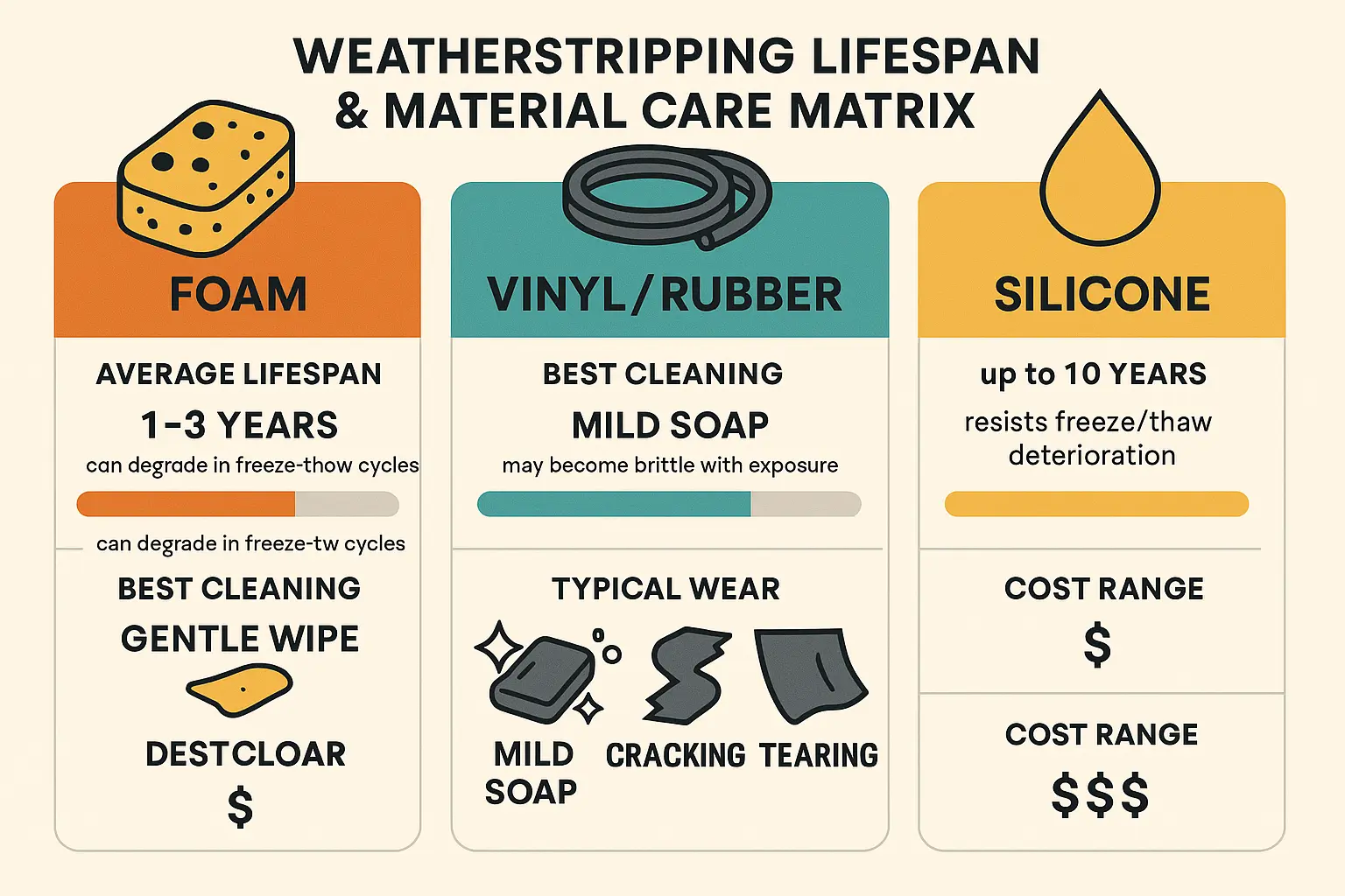 Use this chart to remember key differences in weatherstripping materials for glass doors, helping you choose proper care methods to maximize seal longevity and energy efficiency.