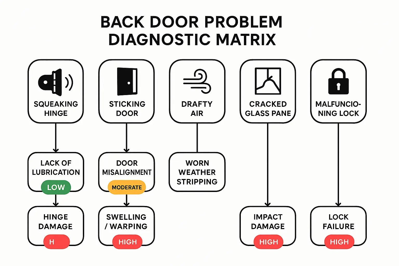 This diagnostic matrix helps homeowners quickly match their back door symptoms to underlying causes and urgency scores, enabling informed decisions on repairs or when to call professionals.