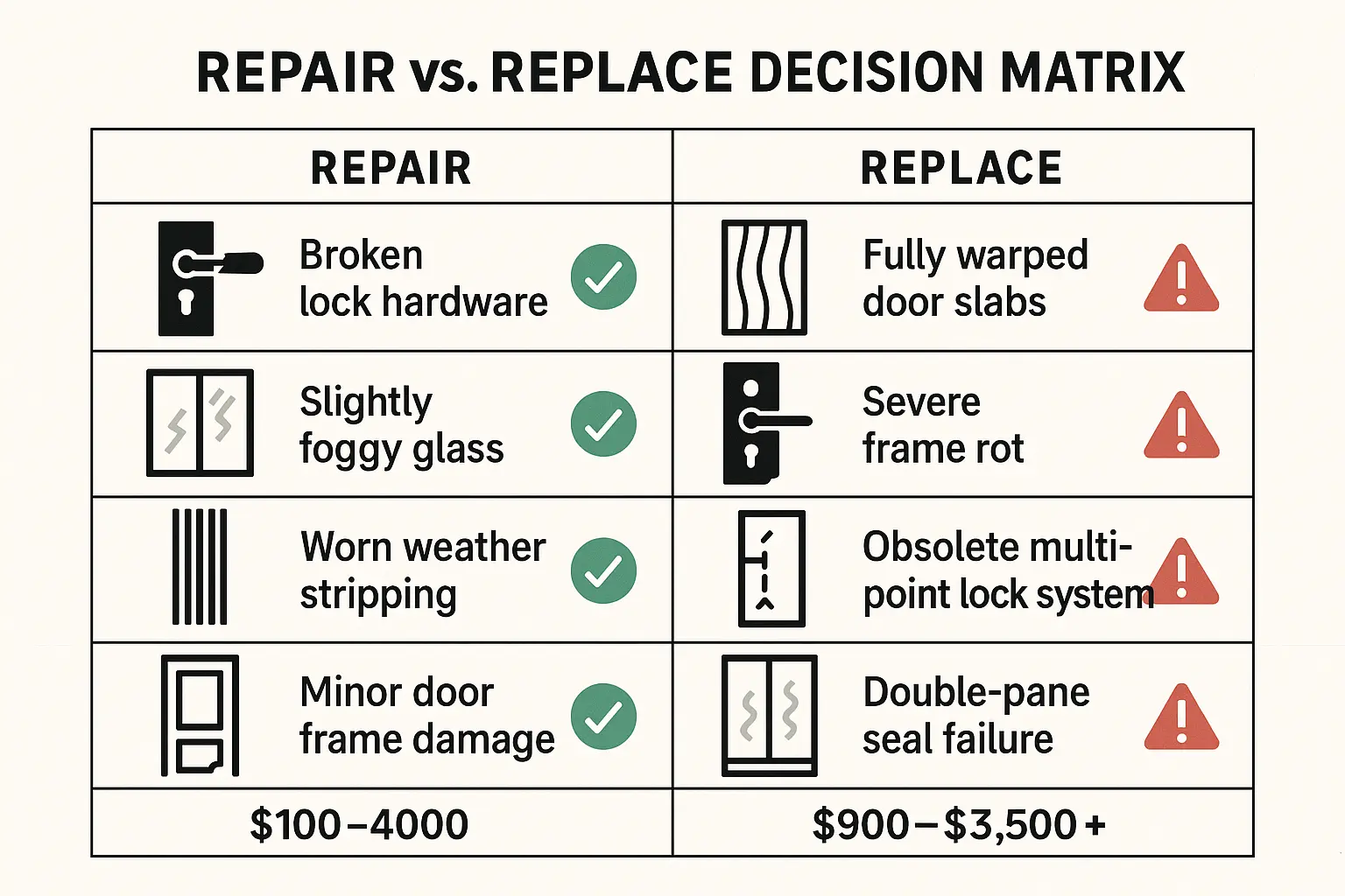 This simple matrix anchors readers’ understanding of when to opt for repairs versus full replacement, reinforcing decision criteria through memorable visuals and cost context.