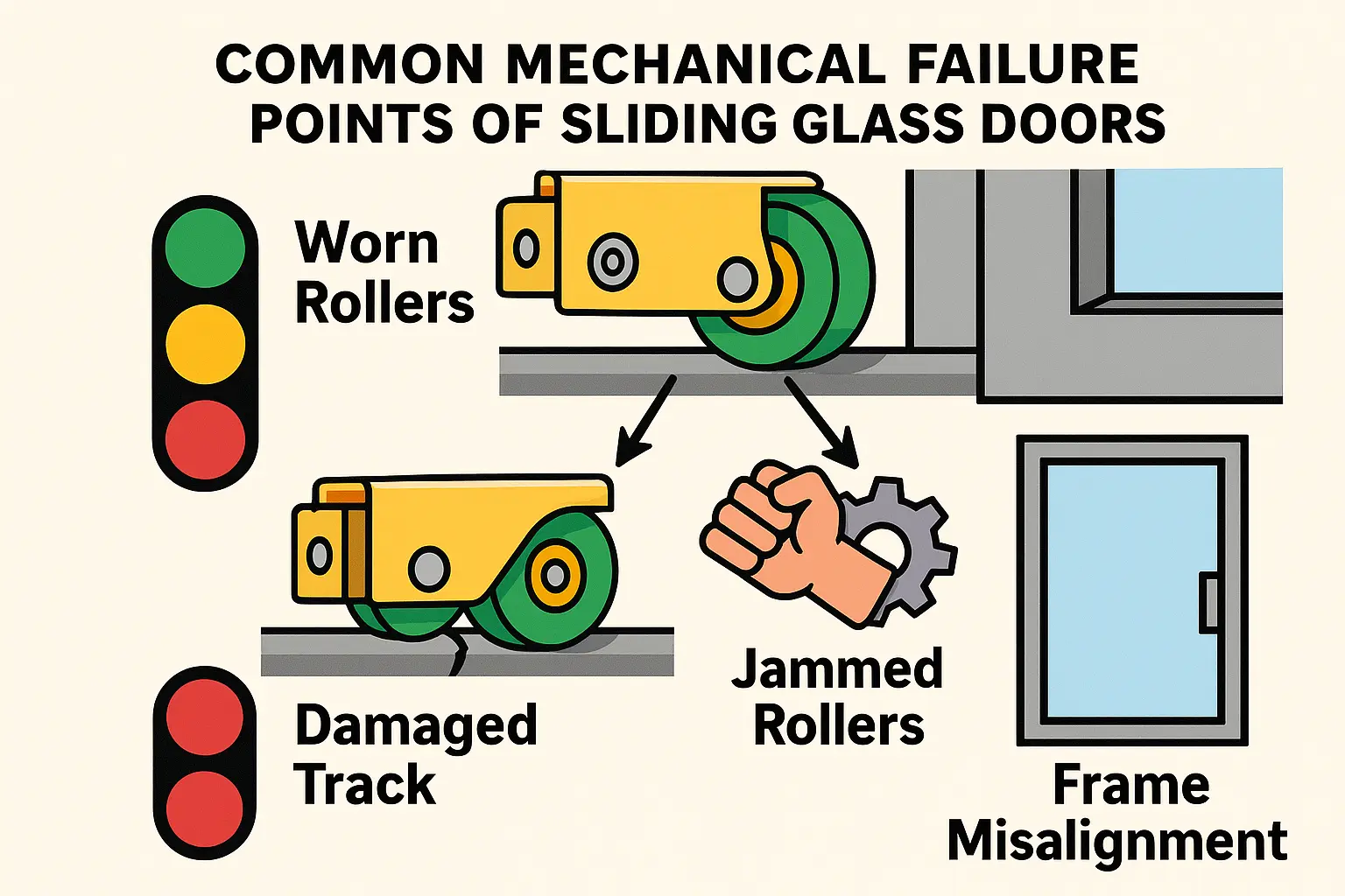 This diagram anchors key mechanical problem areas for sliding glass doors in memory, helping technicians and homeowners quickly identify causes of door sticking or failure.