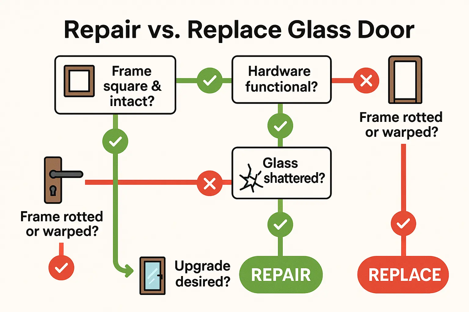 This flowchart helps homeowners and businesses quickly decide whether to repair or fully replace a glass door based on frame integrity, hardware function, and glass damage, streamlining complex decisions into an accessible visual guide.