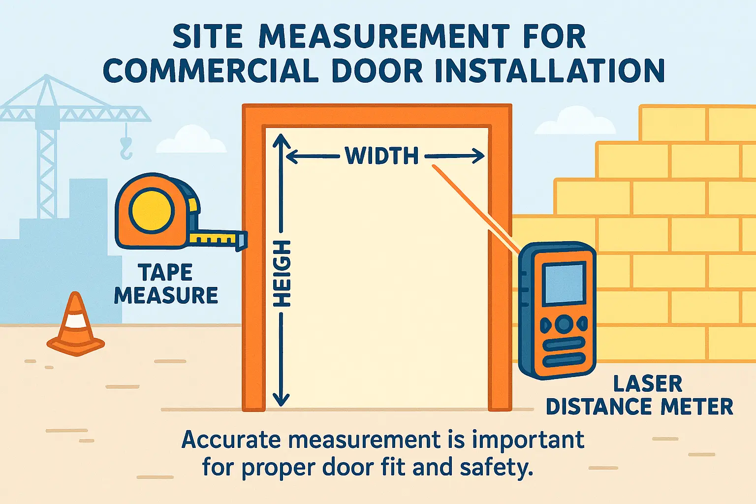 This image clarifies how precise site measurement ensures perfect fit and functionality in commercial door installation, emphasizing key measurement tools and targets.
