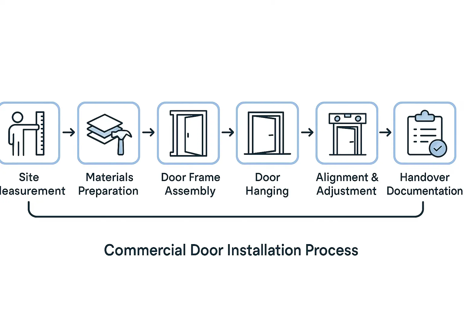 Break down the commercial door installation journey into manageable steps, highlighting key actions and checkpoints to build installation confidence.