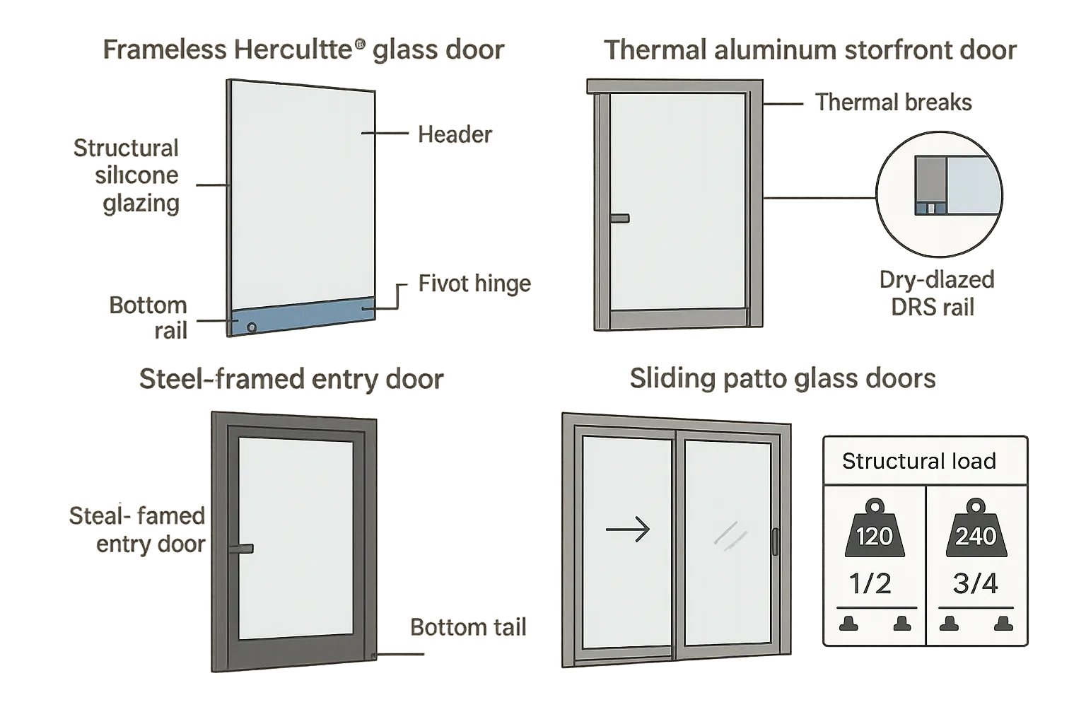 Visual breakdown of key glass door systems and structural glazing approaches used in Connecticut professional installations, illustrating the balance of weight support and thermal efficiency.