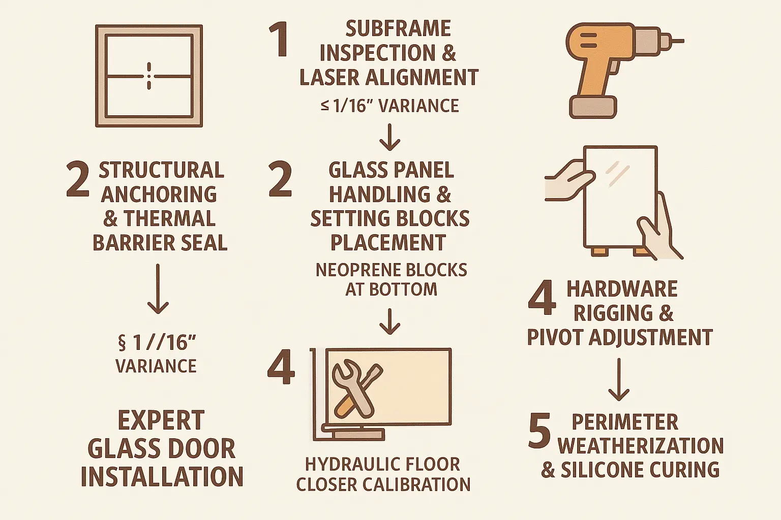 Stepwise guide to professional glass door installation highlighting precise alignment, structural anchoring, hardware setup, and weatherproofing for lasting performance.