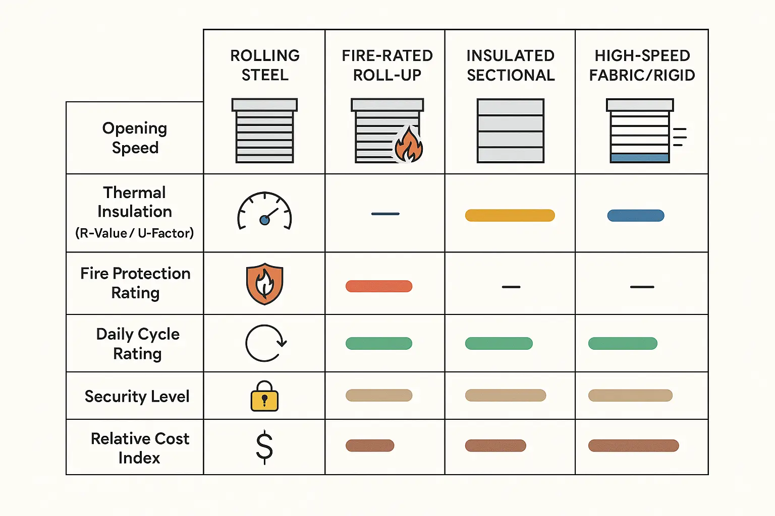 This comparative matrix clarifies the trade-offs among commercial door types, helping buyers visualize key differences in speed, thermal efficiency, fire safety, durability, security, and cost to inform optimal selection.