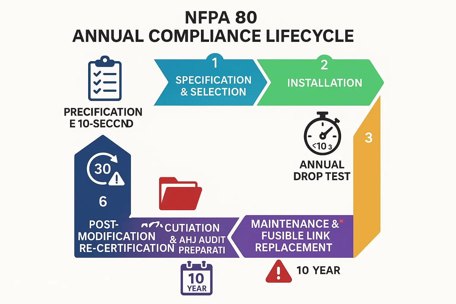 This flowchart breaks down the critical NFPA 80 compliance process into manageable steps, guiding facility managers and safety professionals through specification, maintenance, and legal readiness for fire-rated overhead doors.