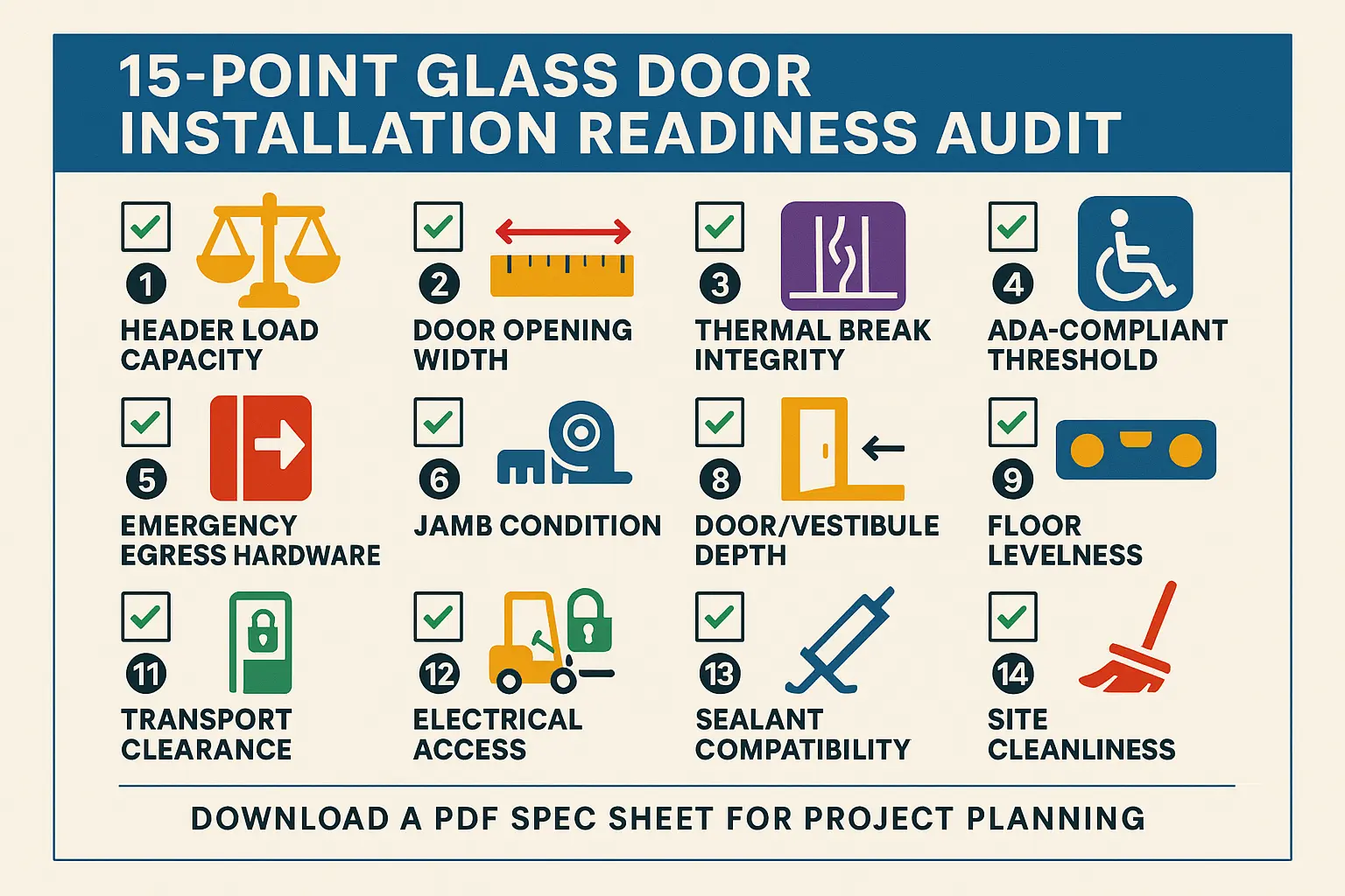 Memorable 15-point pre-installation audit checklist helping installers, architects, and property managers ensure all technical and compliance factors are ready before starting glass door installation.