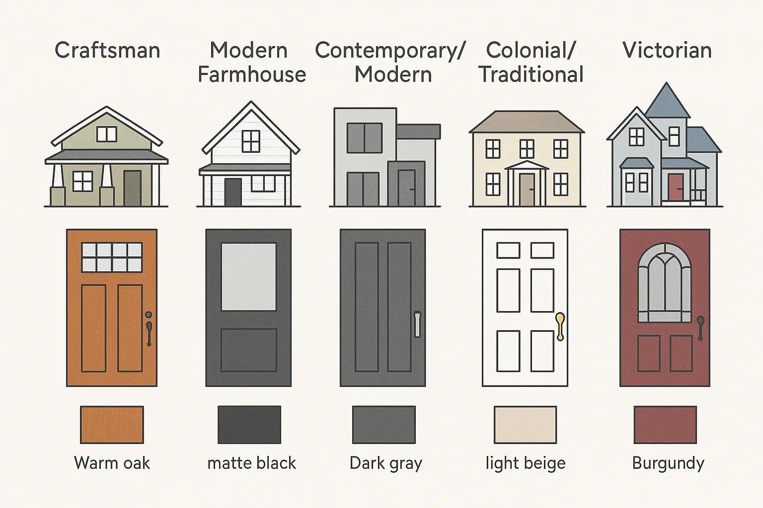 Architectural Style Matching Matrix: Understand how to select entry door design elements and colors that harmonize with specific home styles for cohesive curb appeal.