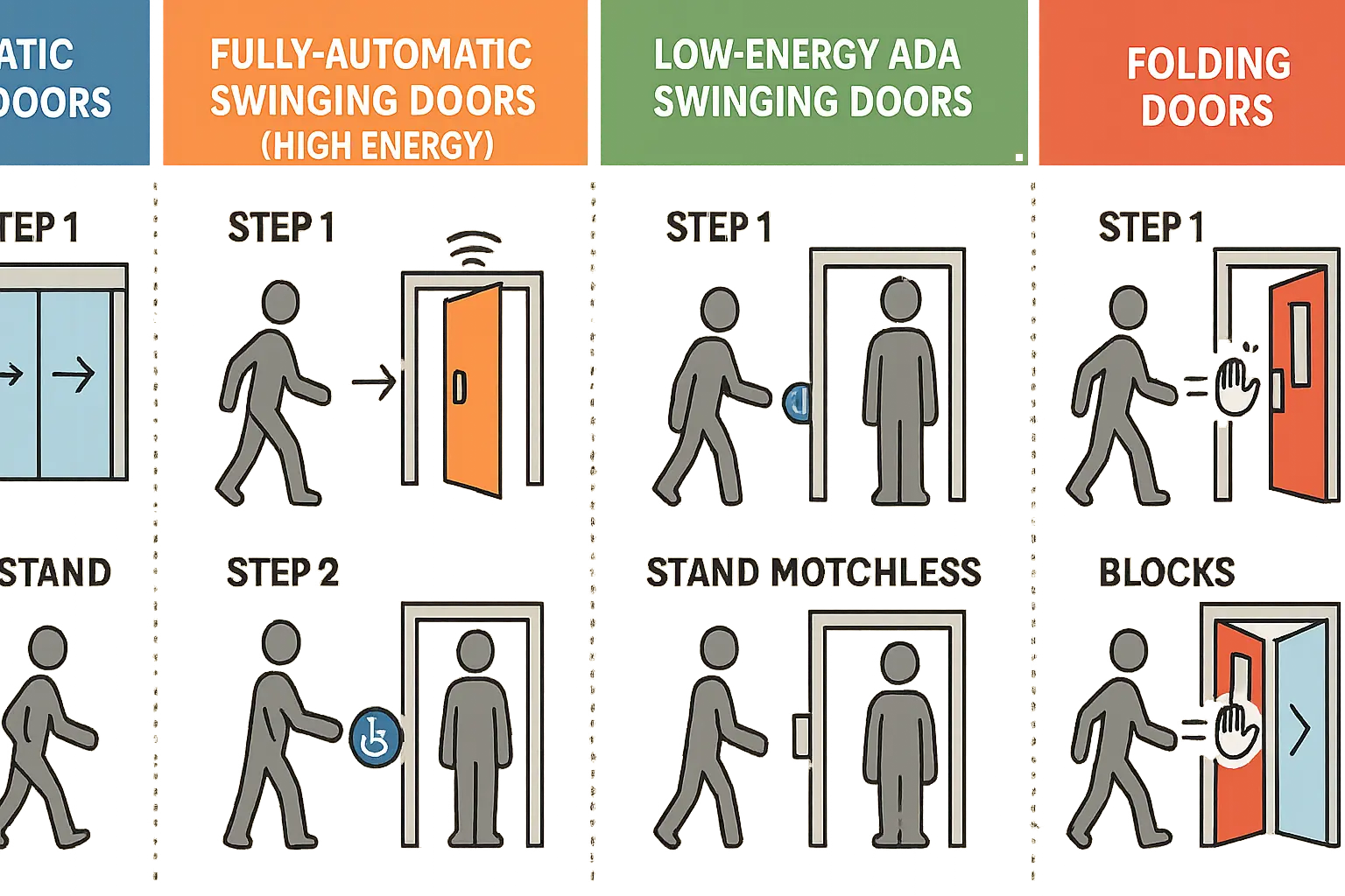 This image breaks down the daily safety check routine into clear, door-type specific steps, helping users confidently conduct compliant tests on automatic doors.