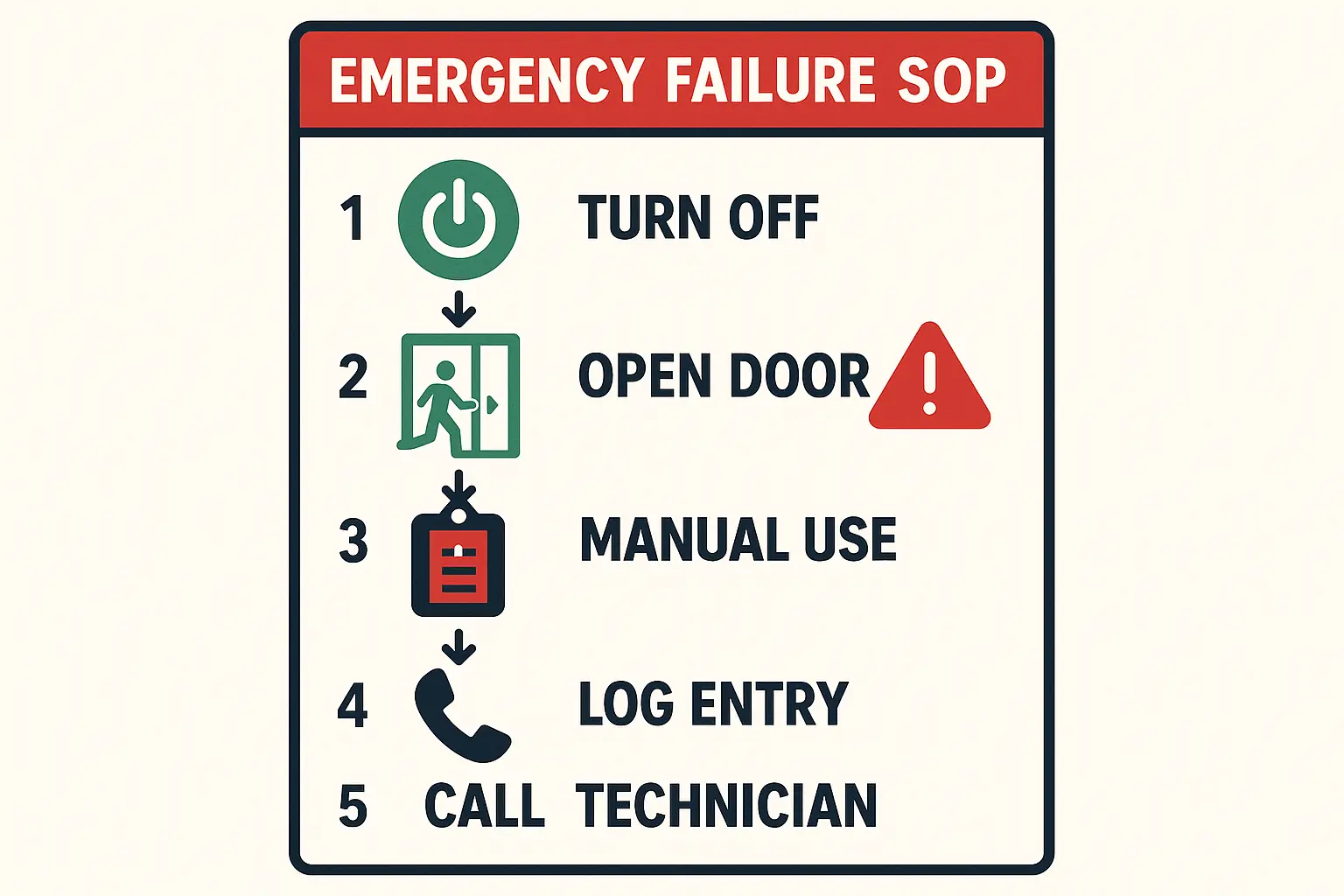 Use this clear flowchart as a quick-reference guide on safely handling automatic door failures during business hours to reduce risk and maintain compliance.