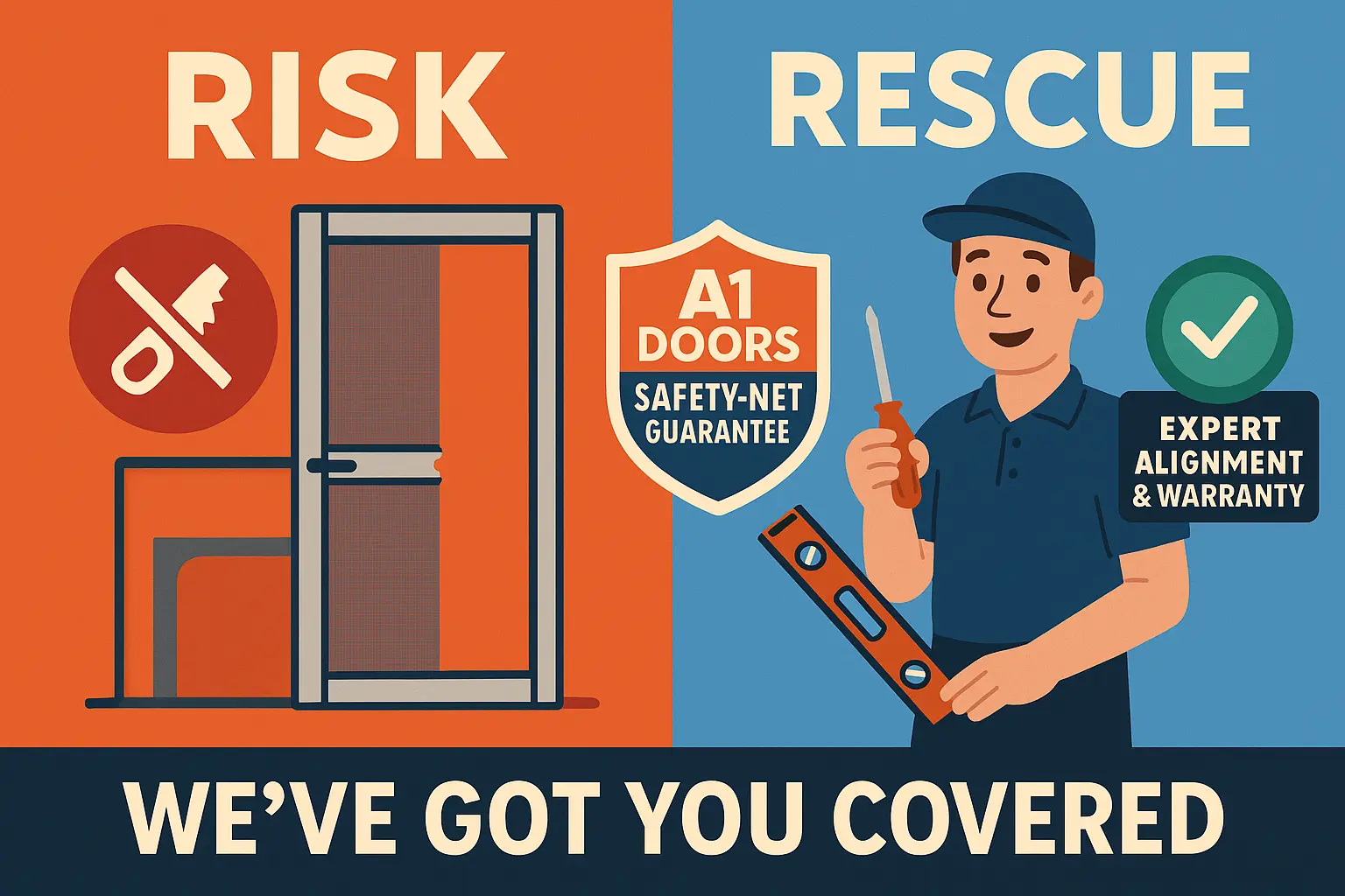 Visual metaphor reinforcing the A1 Doors Safety-Net Guarantee that transforms DIY mishaps into professional rescue with expert installation, alignment, and warranty support.