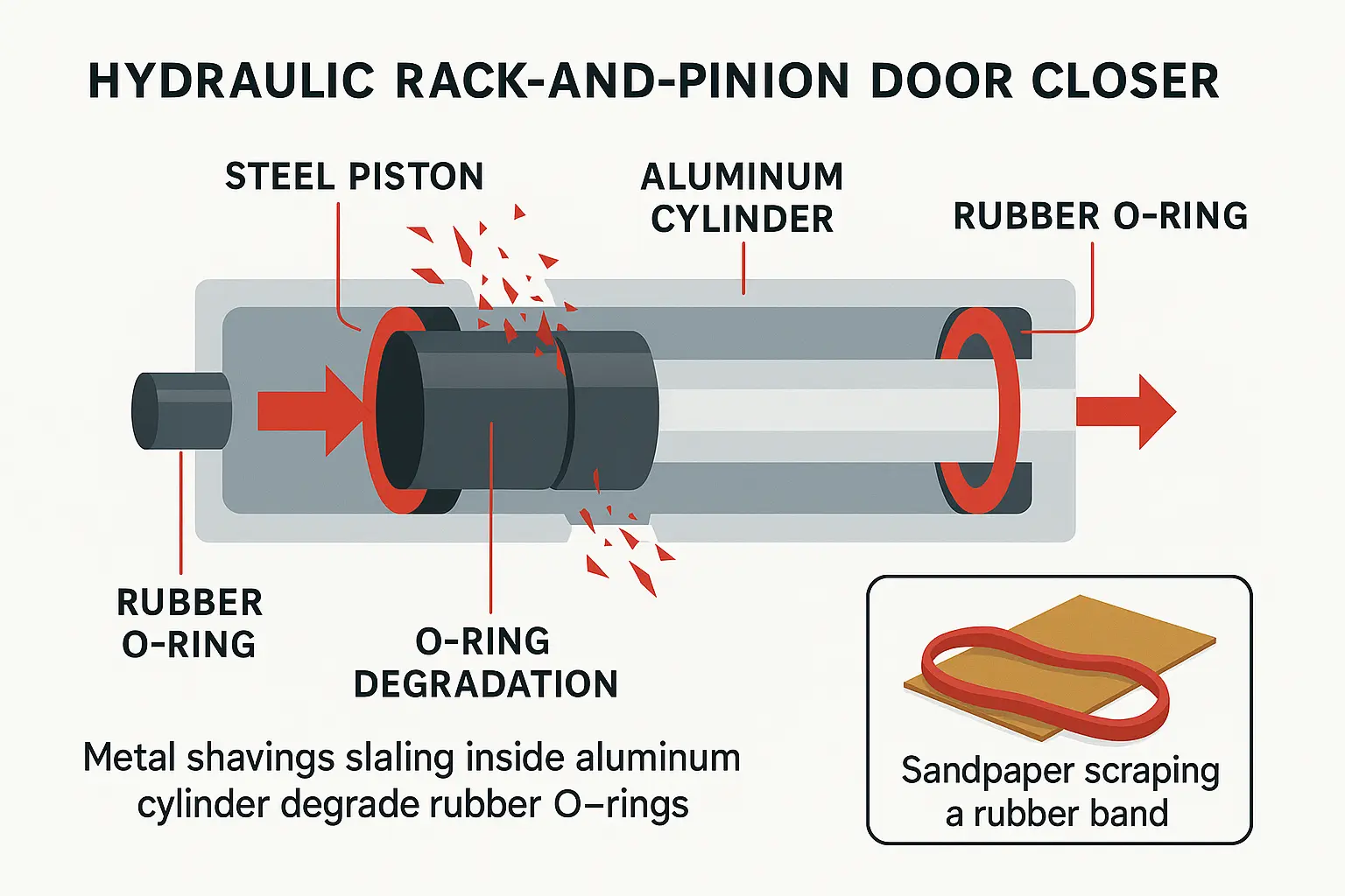 This exploded view reveals how steel pistons rubbing inside softer aluminum cylinders produce microscopic metal shavings that slice rubber O-rings, causing hydraulic fluid leaks.