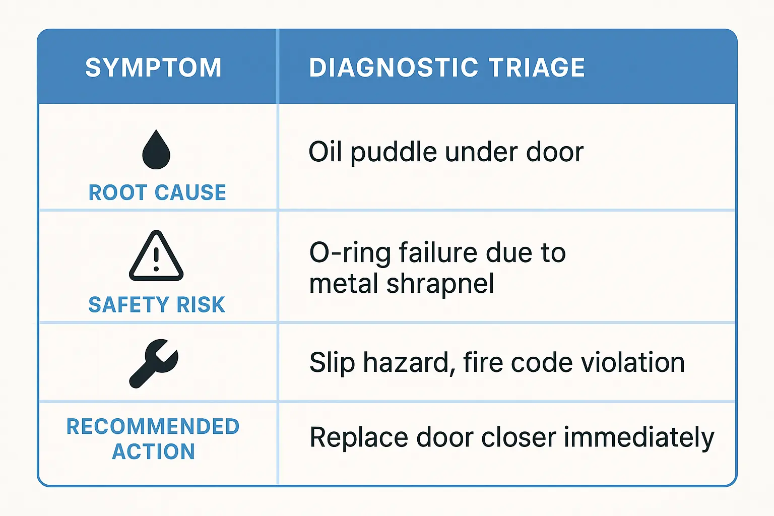This diagnostic triage table guides facility managers to rapidly identify leaking door closer symptoms, understand risks, and know when replacement is necessary.
