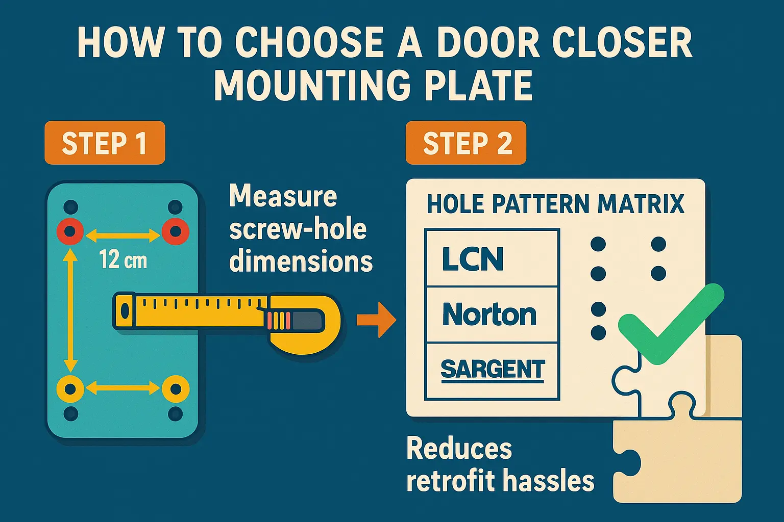 This infographic simplifies measuring and matching door closer mounting holes, helping avoid costly drilling and ensuring the perfect retrofit fit.