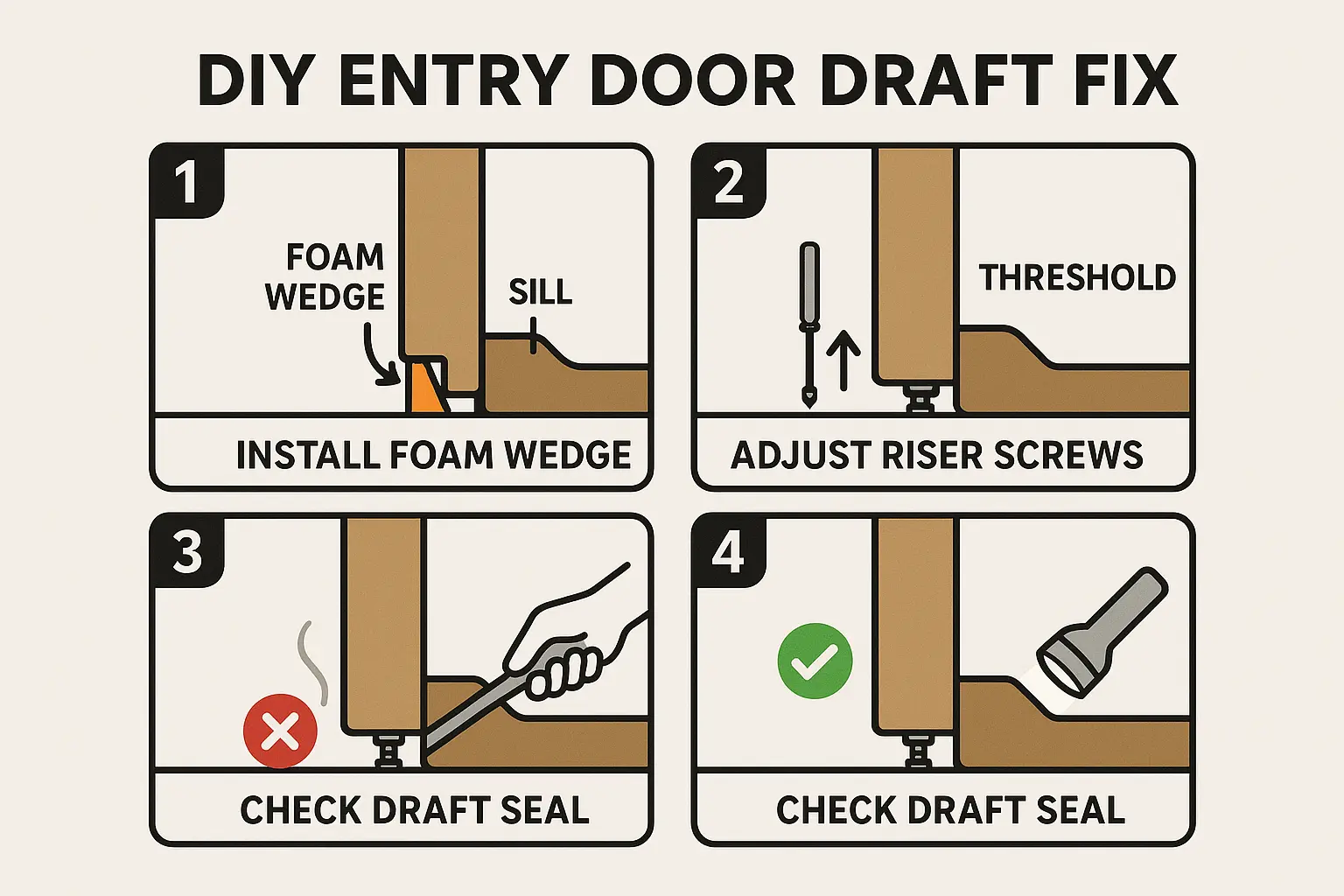 Follow these DIY steps to eliminate stubborn bottom corner drafts: install foam wedge pads where jamb meets sill and adjust threshold screws to tighten the door sweep for a snug, energy-efficient seal.