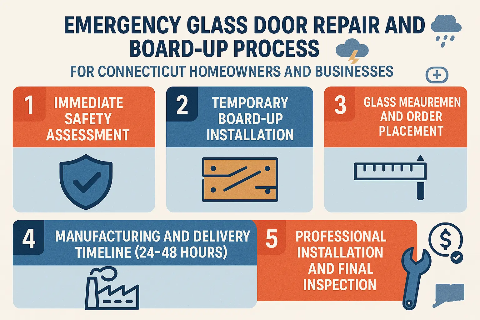 This infographic guides users through the critical emergency glass door repair process, highlighting the rapid-response timeline and safety measures essential for CT properties after glass breakage.
