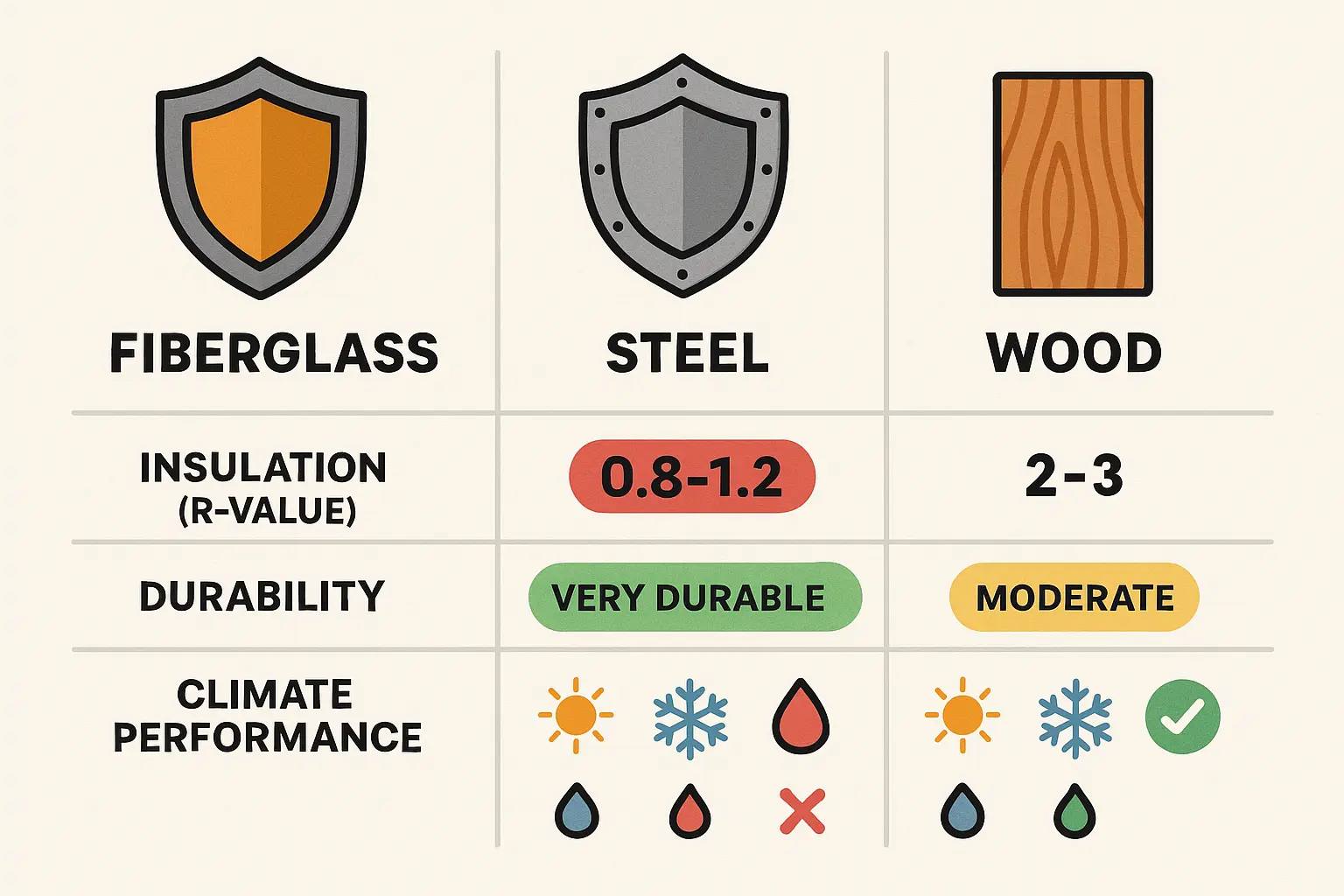 Quick visual comparison of top back door materials, highlighting insulation performance and weather resilience for informed energy-efficient choices.