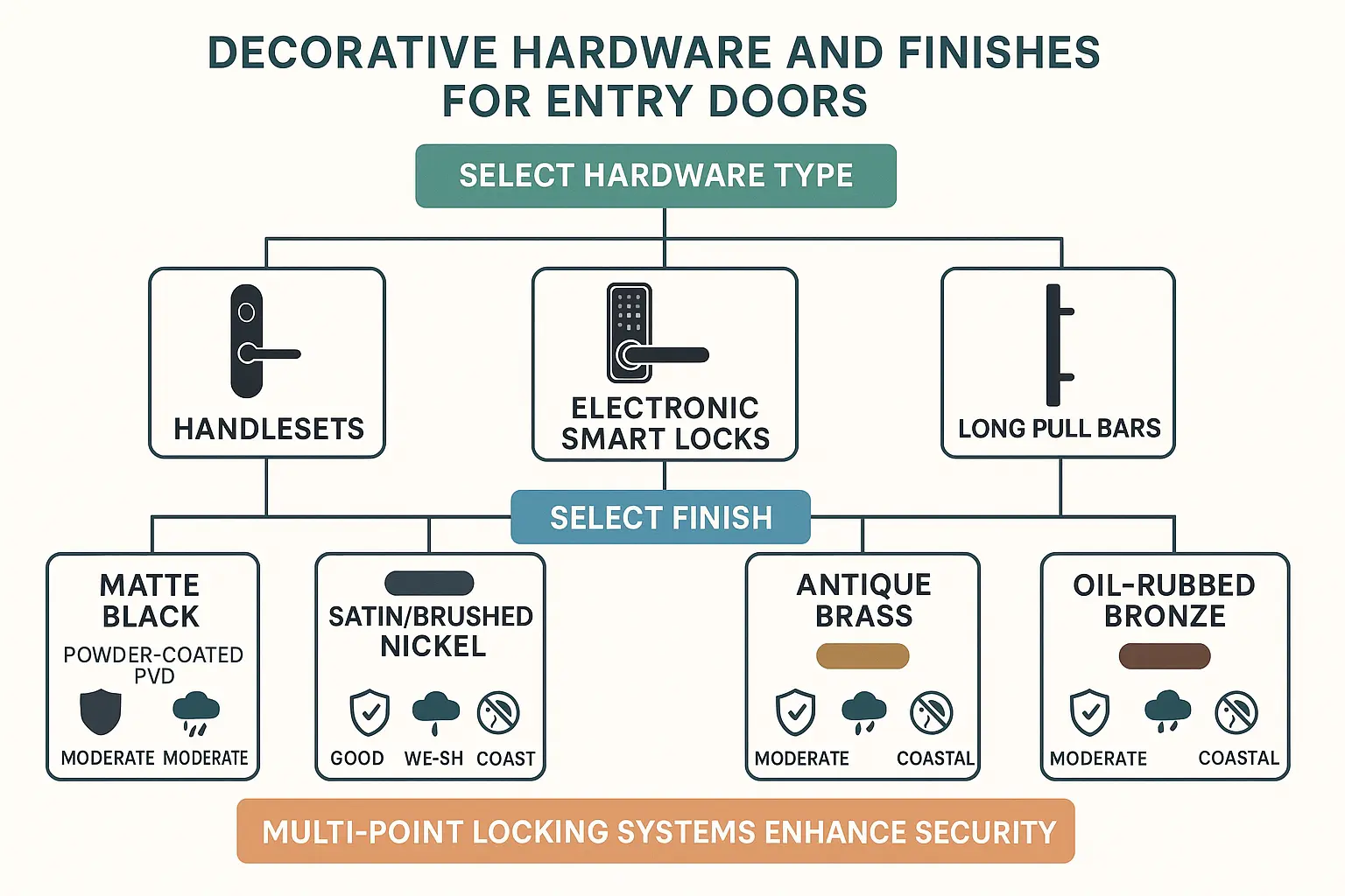 Decorative Hardware Selection Flowchart: Learn how to choose entry door handlesets and finishes that combine aesthetic appeal with durable performance in your climate.