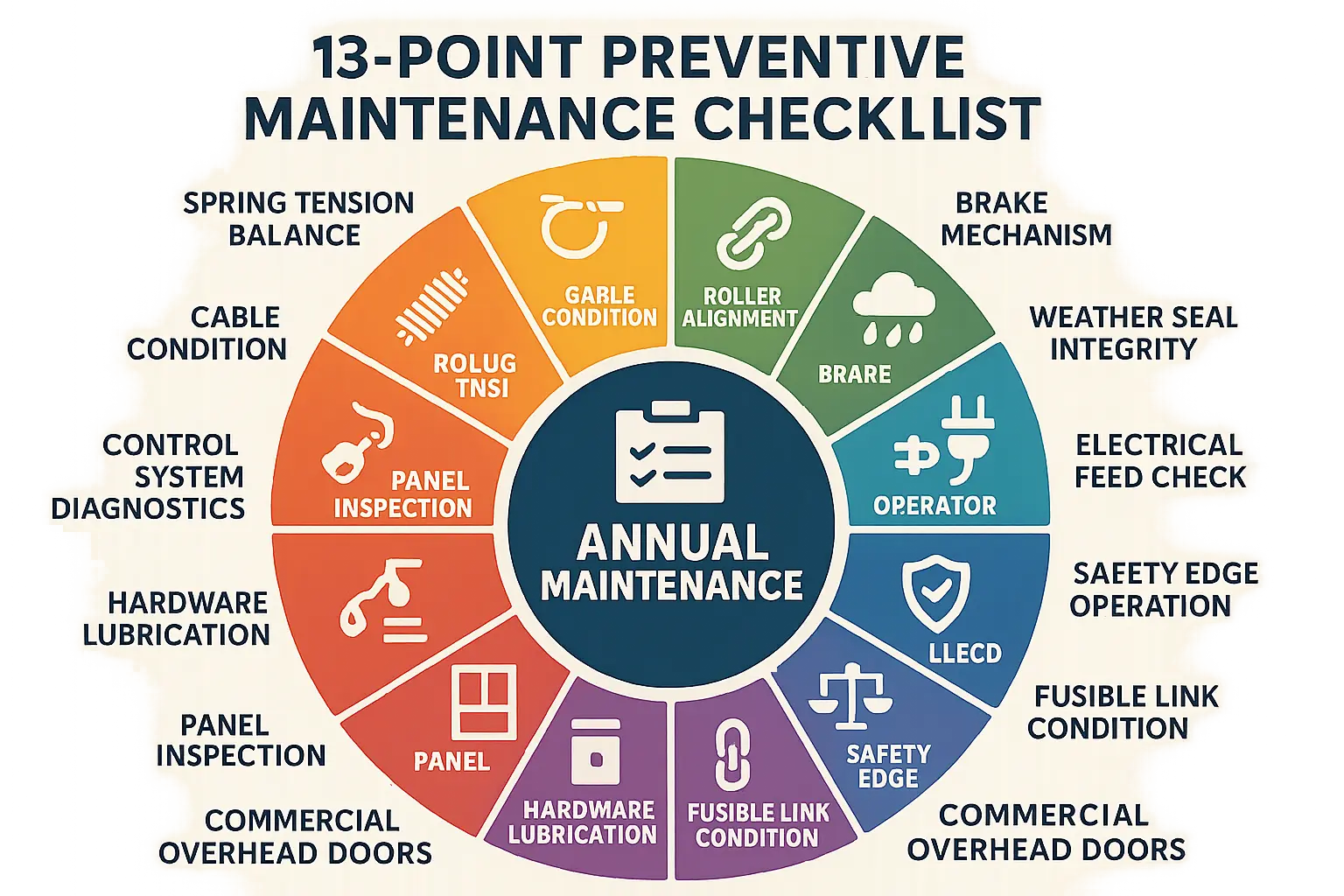 This memorable visual anchors the essential preventive maintenance tasks, empowering facility personnel to systematically preserve door functionality and safety throughout the year.