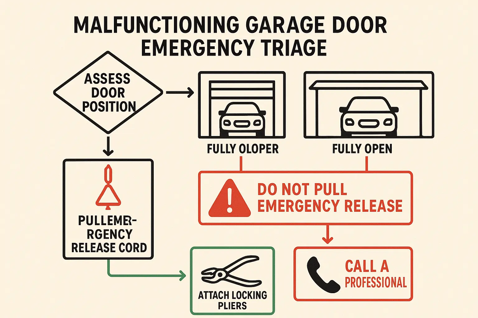 This visual clarifies the cascading chain reaction of mechanical failures in overhead garage doors, helping homeowners understand how one broken component affects others.