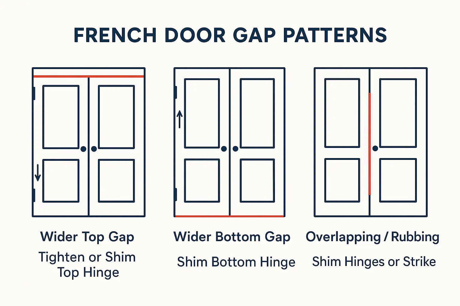 The Reveal Test: Quickly diagnose French door misalignment by observing where the gap is widest to pinpoint hinge sag or structural issues.