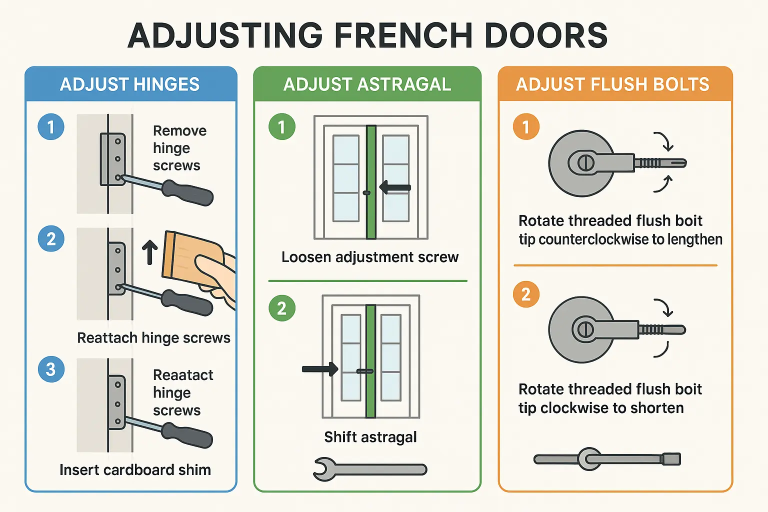 Step-by-step guide to adjusting French door hardware: hinges, astragal, and flush bolts to fix gaps and ensure proper door meeting.