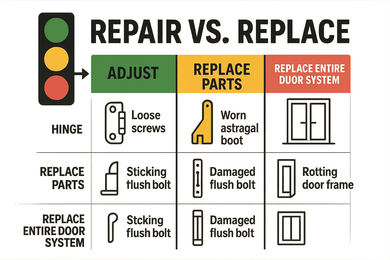 Quick decision matrix for DIYers: when to adjust, replace parts, or replace the entire French door system based on common issues and severity.