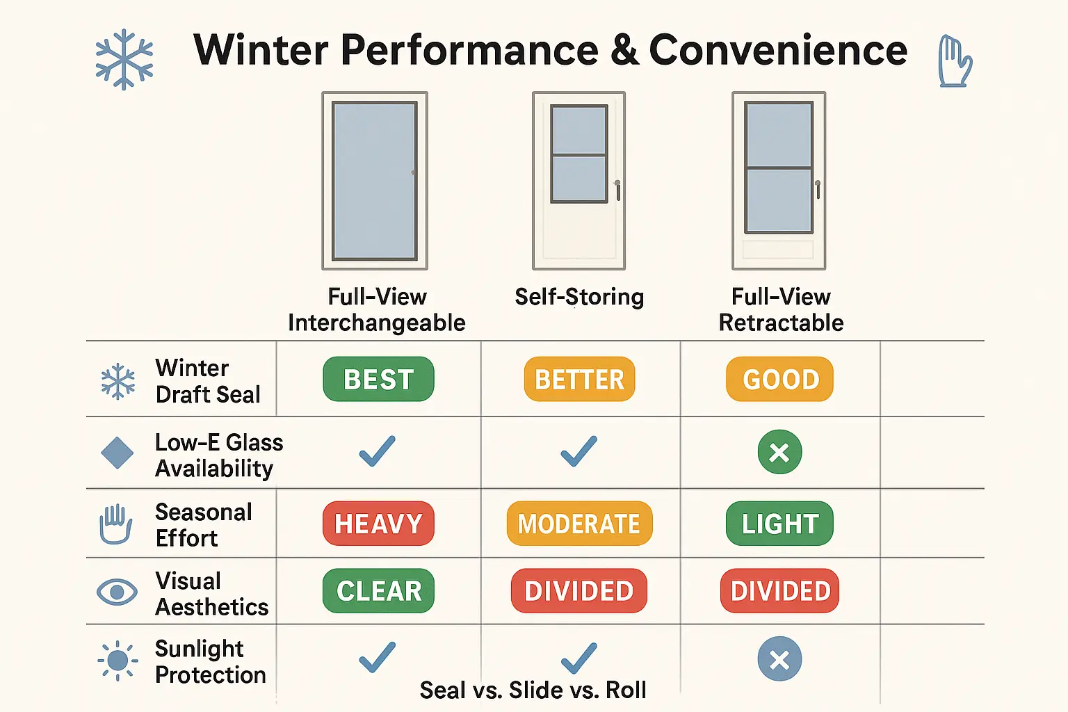 Comparison matrix of storm door styles