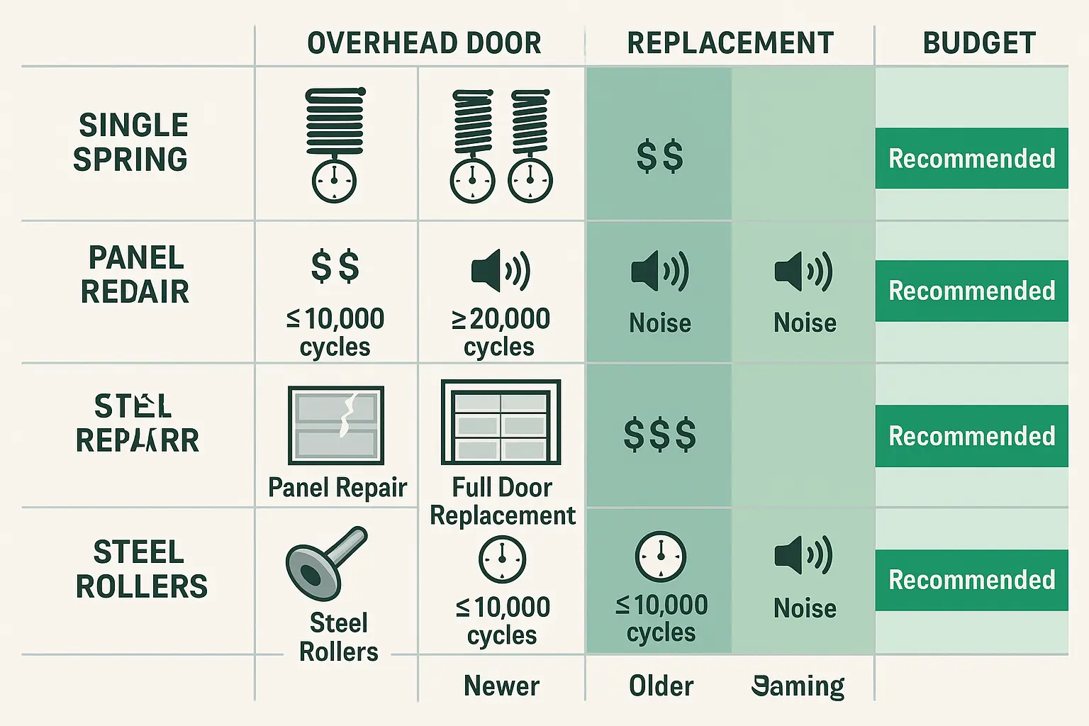 This decision matrix anchors key buyer considerations visually, simplifying complex cost and performance trade-offs for smarter overhead door repair and upgrade choices.