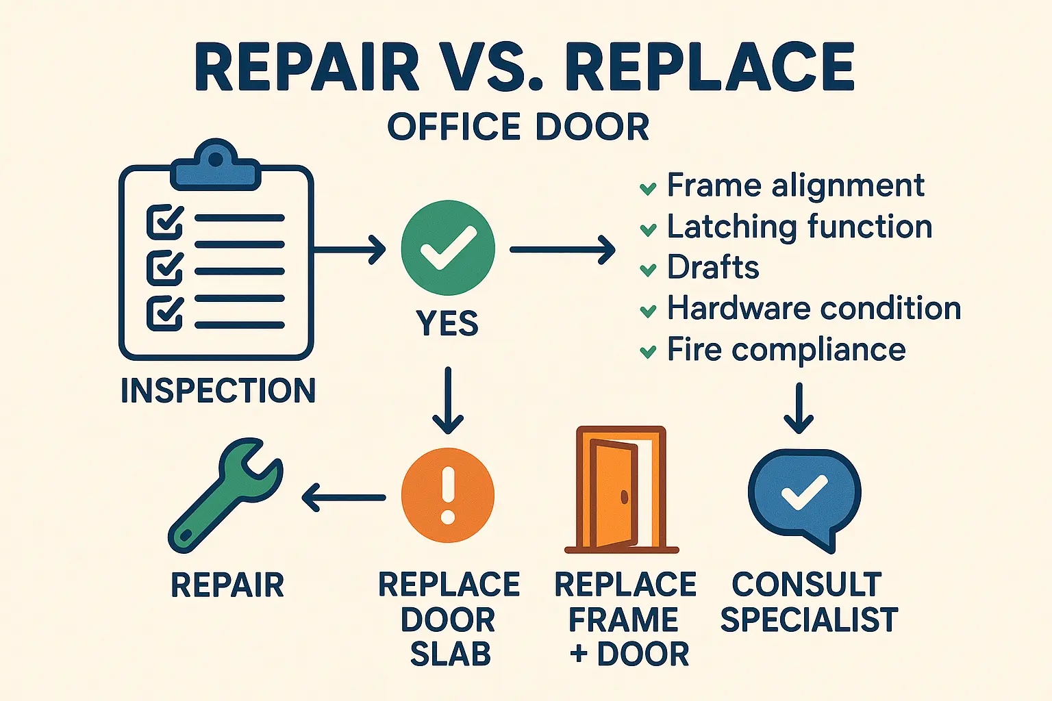 This flowchart guides facility managers through the key inspection points and decision criteria to choose between repairing or replacing office doors, enabling confident, cost-effective maintenance planning.