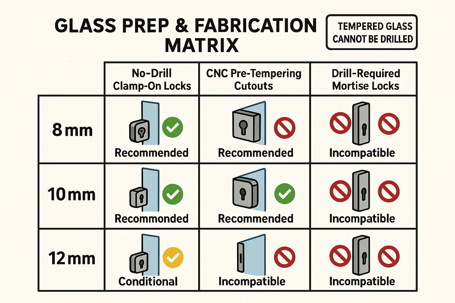 Glass prep & hardware compatibility matrix: Understand which glass thicknesses allow for no-drill clamp locks, require factory pre-tempering cutouts, or need drilling for mortise lock installations. Vital for safe and code-compliant glass door hardware selection.