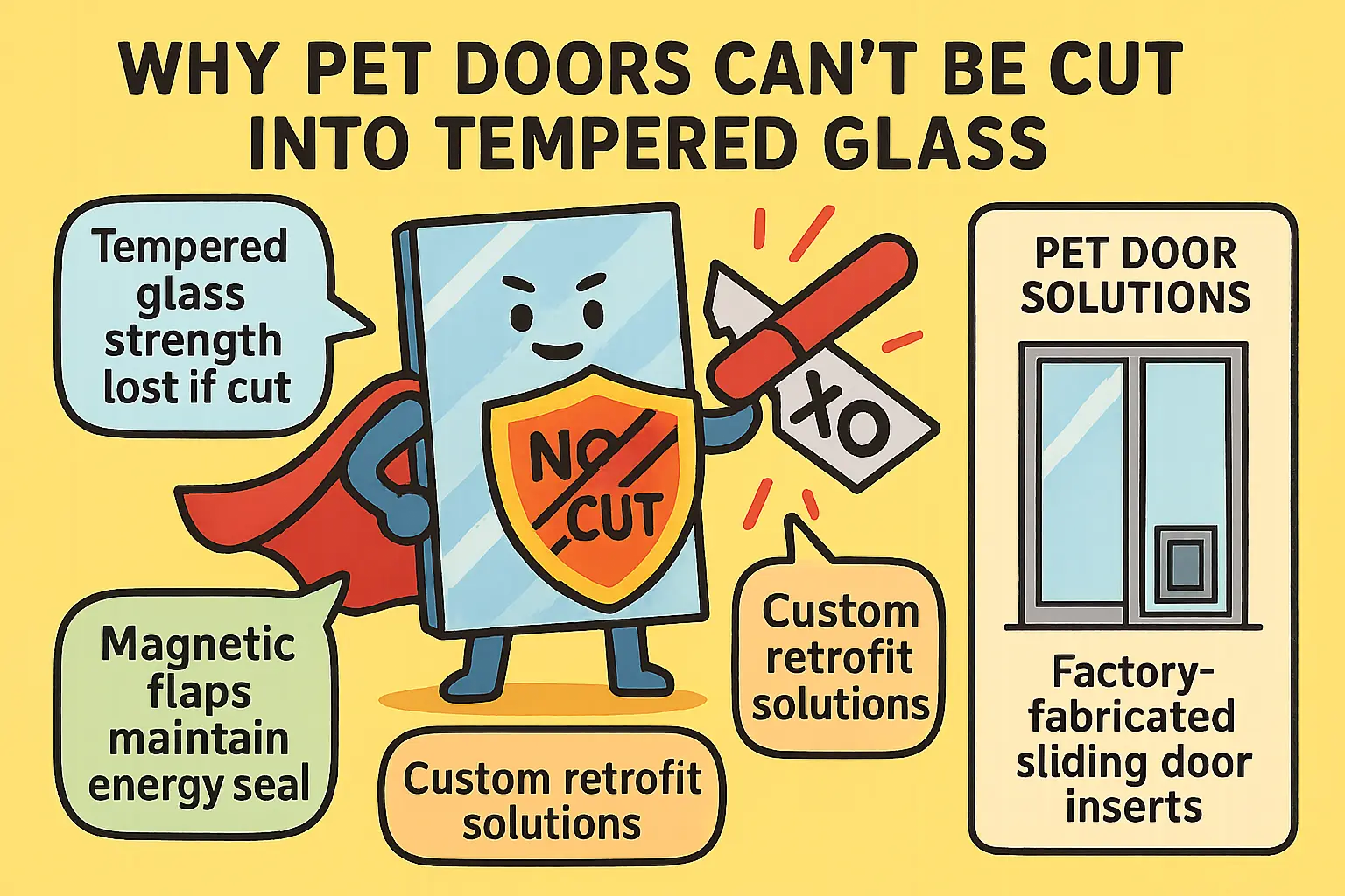 Visual mnemonic clarifying why cutting pet doors into tempered glass is unsafe, highlighting why factory-built double-glazed inserts with magnetic seals are the solution.