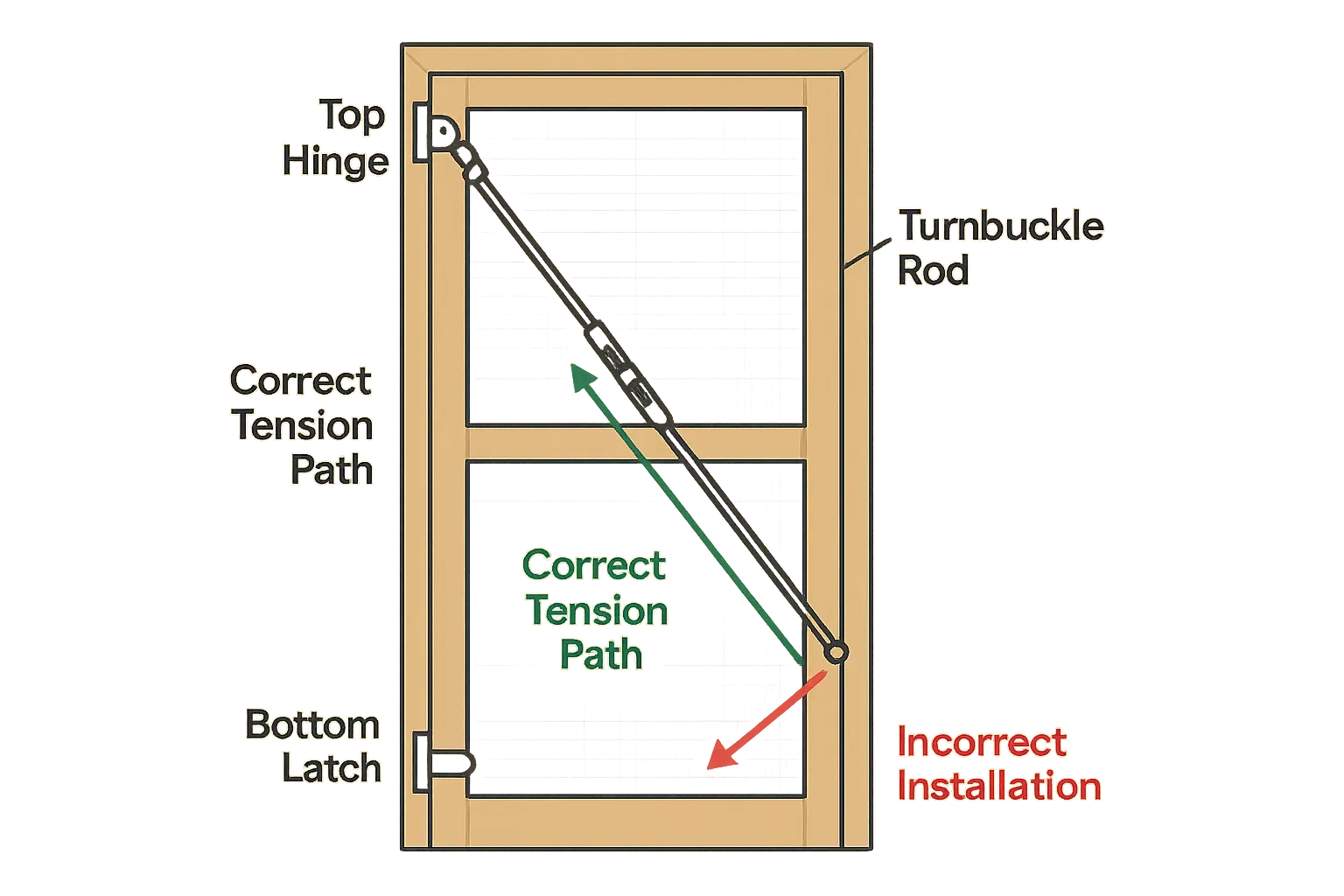 Stepwise visual guide to measuring three key points of a door jamb to determine squareness and how to compensate for irregularities by inserting shims to ensure smooth screen door installation.