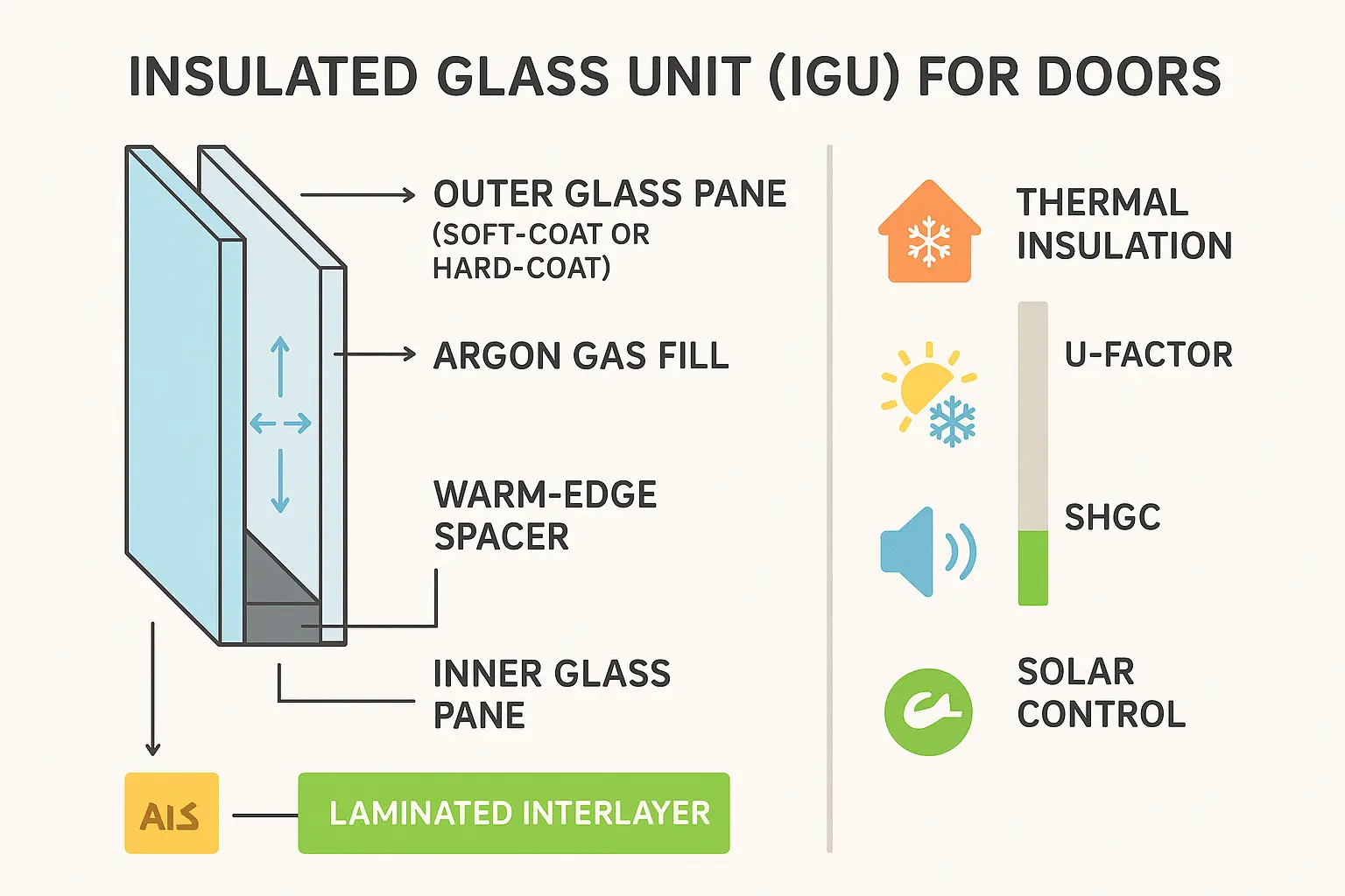 Stepwise diagram clarifying how IGUs incorporate low-E coatings, gas fills, and spacers to achieve superior energy efficiency and acoustic performance in door glass assemblies.