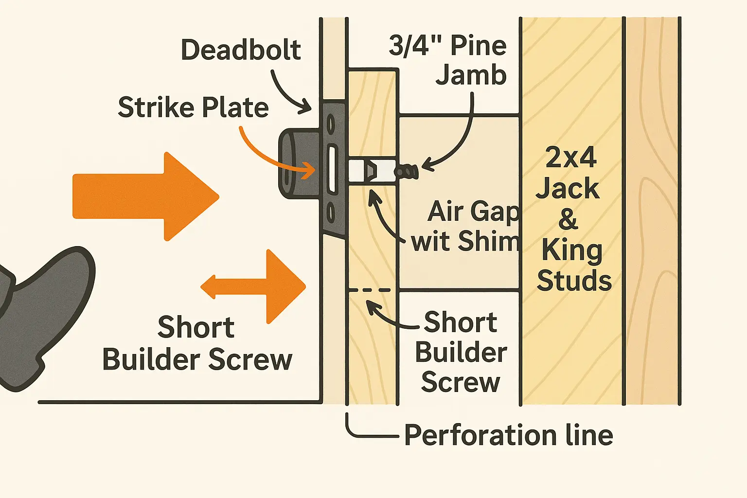 This diagram illustrates the structural anatomy of a door frame and how short screws fastening only the jamb surface lead to wood splits during forced entry, helping readers visualize why upgrading screws and reinforcing studs greatly improves security.