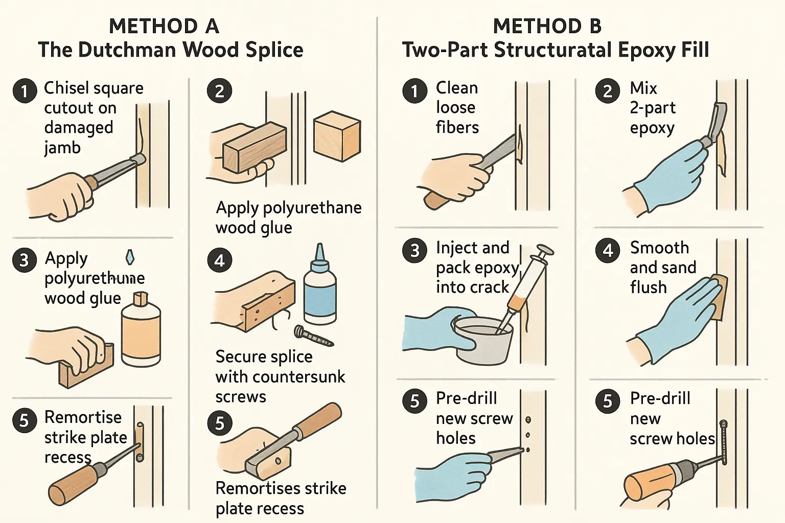 This illustrated guide breaks down the two primary carpentry repair methods for kicked-in door jambs, enabling readers to confidently choose and follow the correct restoration technique based on damage severity.