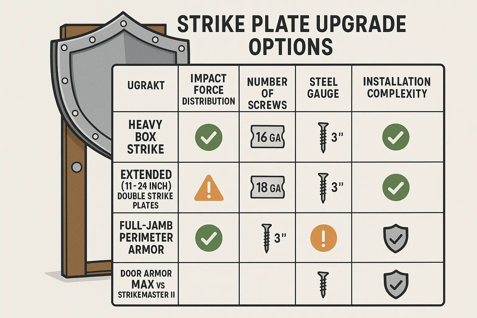 This comparison matrix visually anchors key product choices for strike plate upgrades, helping readers remember critical features to evaluate when selecting hardware that reinforces door security.