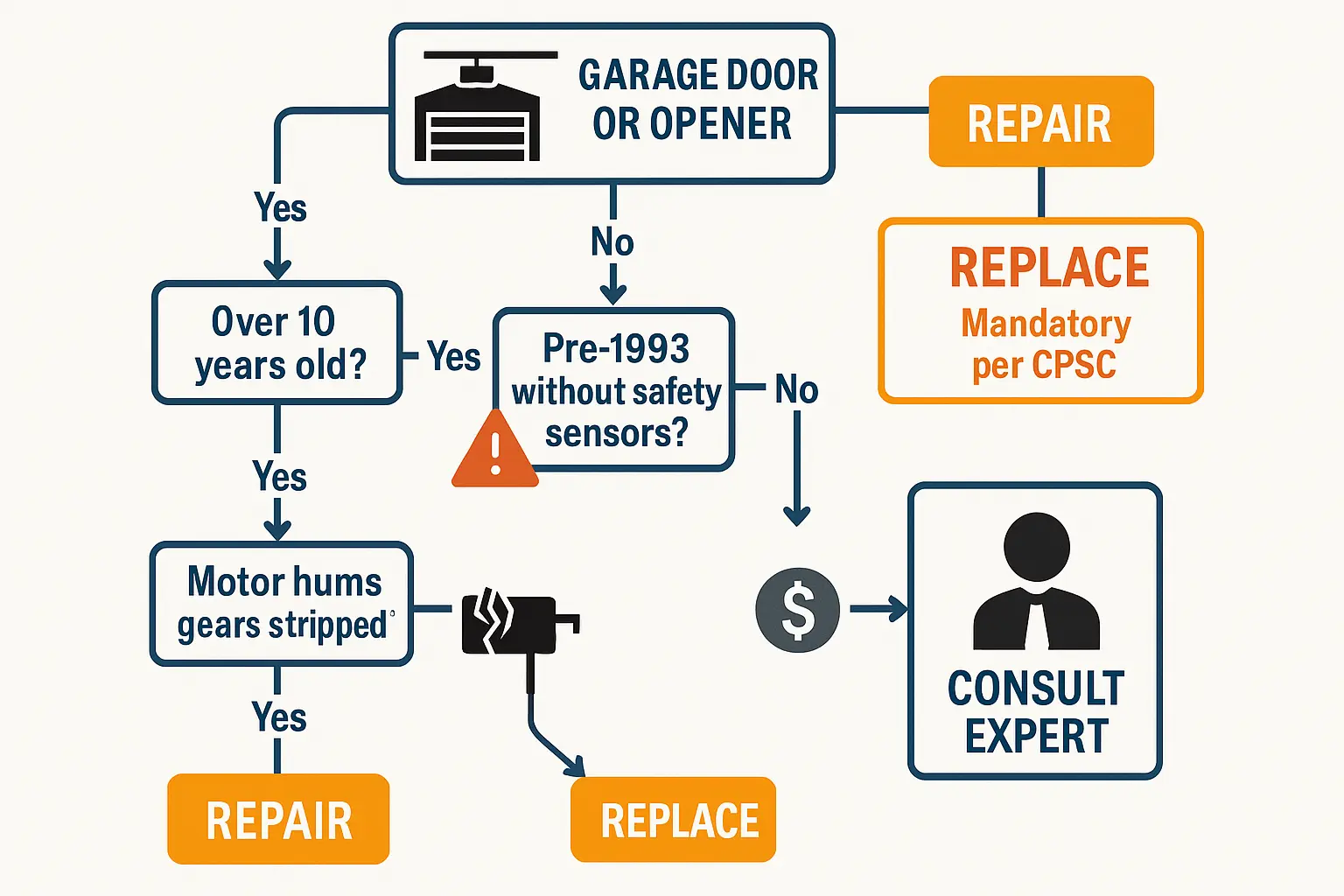 Use this decision matrix to confidently evaluate whether your garage door system needs repair or a replacement, considering safety regulations, age, and cost factors.