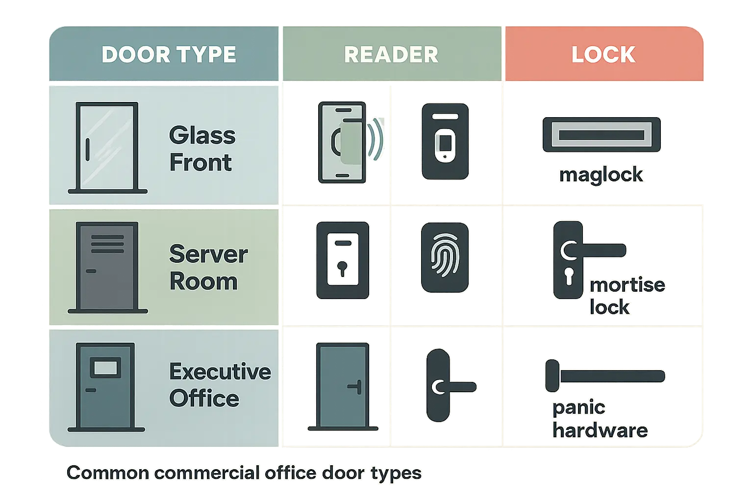 This infographic clarifies which access control hardware combinations best fit specific office door types, helping facility managers visualize tailored security solutions at a glance.