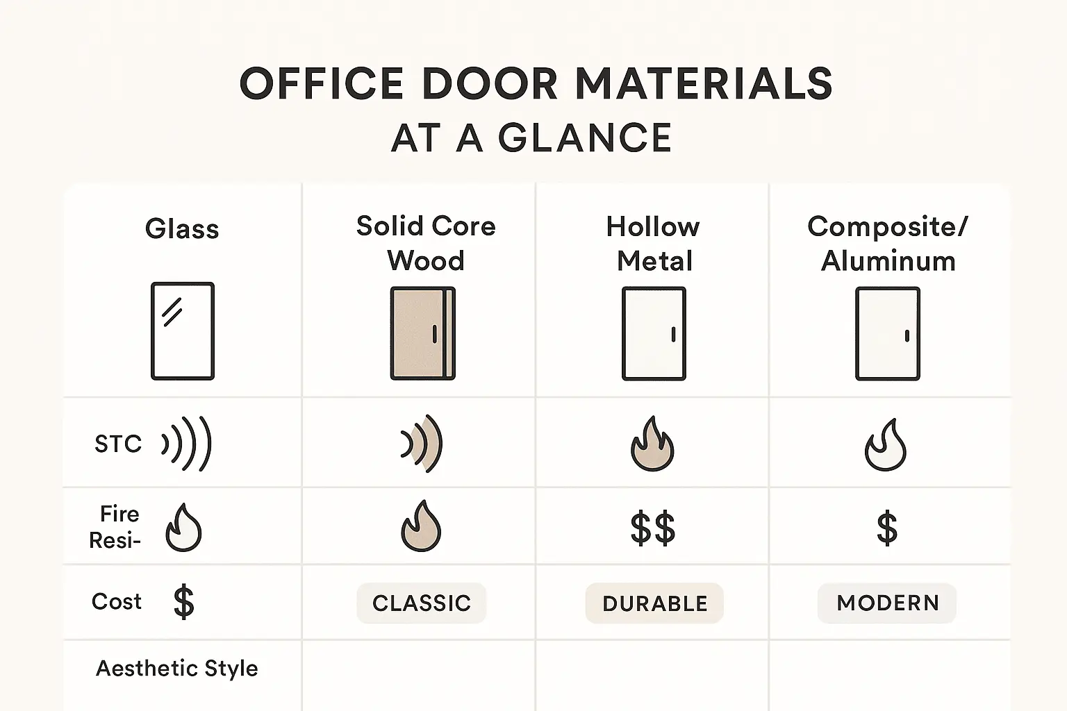 Visual decision matrix comparing office door materials by acoustic isolation (STC ratings), fire code compliance, transparency, durability, and cost to guide material selection.