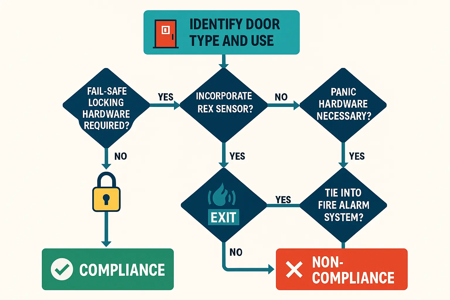 This flowchart breaks down complex fire safety and egress code requirements into an easy-to-follow process, reducing confusion for security planners and installers.