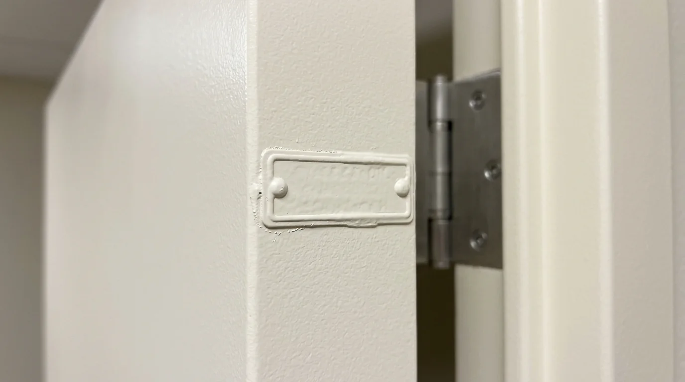 Fire door label on the edge of a steel door, completely covered with paint and unreadable