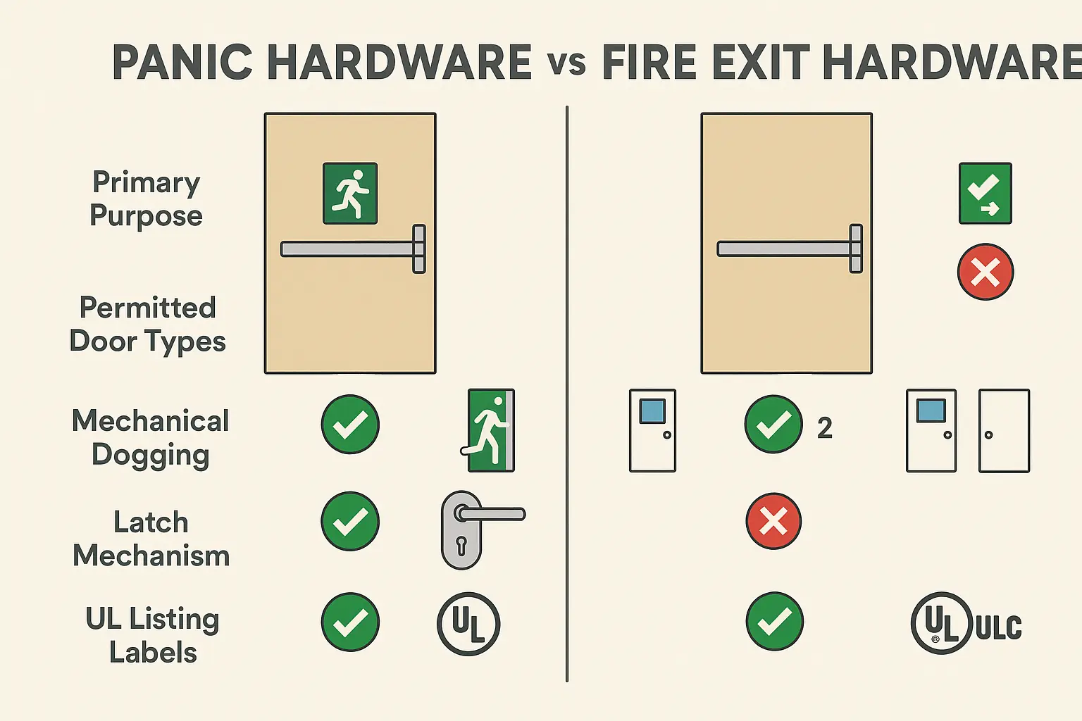 This visual simplifies understanding the critical differences between panic hardware and fire exit hardware, highlighting why selecting the correct type ensures life safety and fire code compliance.